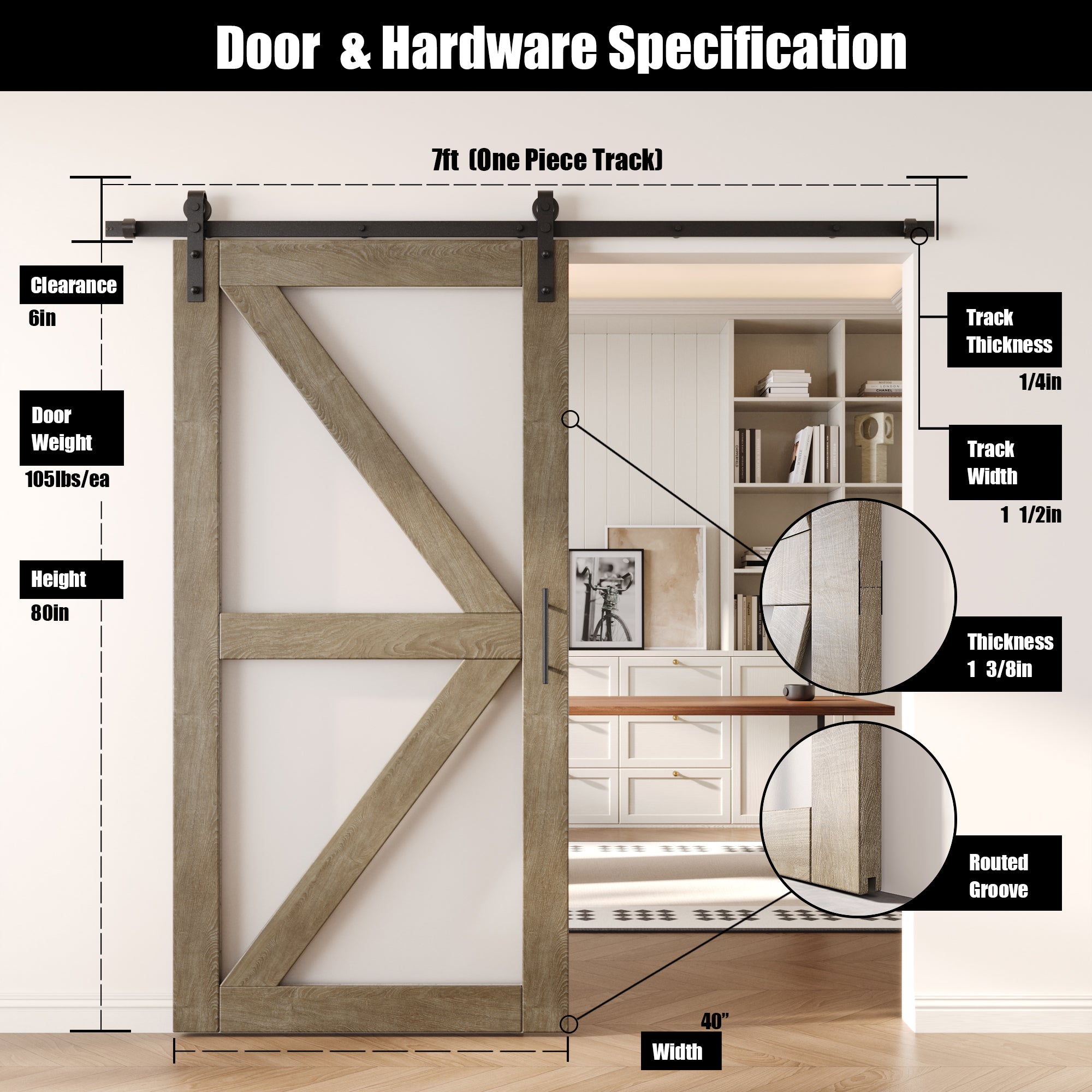 80" Height Classic Gray Arrow Pattern Glass Unassembled & Finished Pine Wood Barn Door with Non-Bypass Installation Hardware Kit (Interior Use Only)