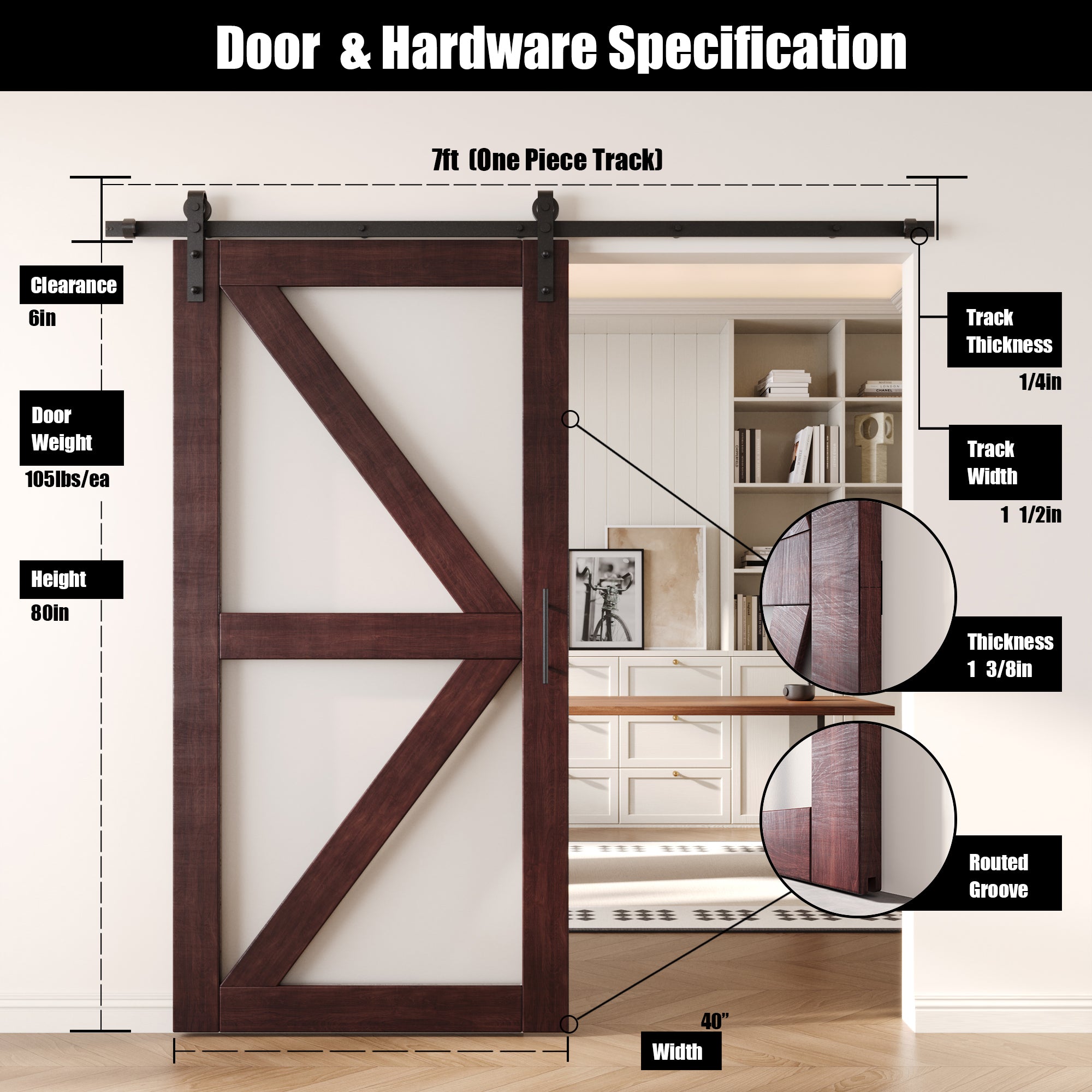 80" Height Red Mahogany Arrow Pattern Glass Design Unassembled & Finished Pine Wood Barn Door with Non-Bypass Installation Hardware Kit (Interior Use Only)