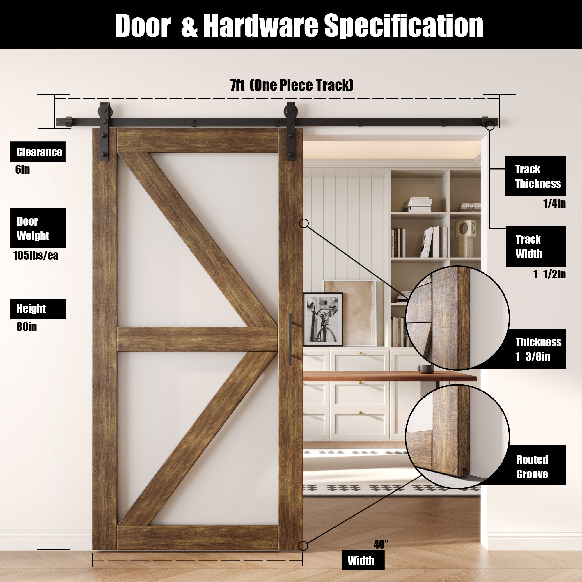 80" Height Dark Walnut Arrow Pattern Glass Unassembled & Finished Pine Wood Barn Door with Non-Bypass Installation Hardware Kit (Interior Use Only)