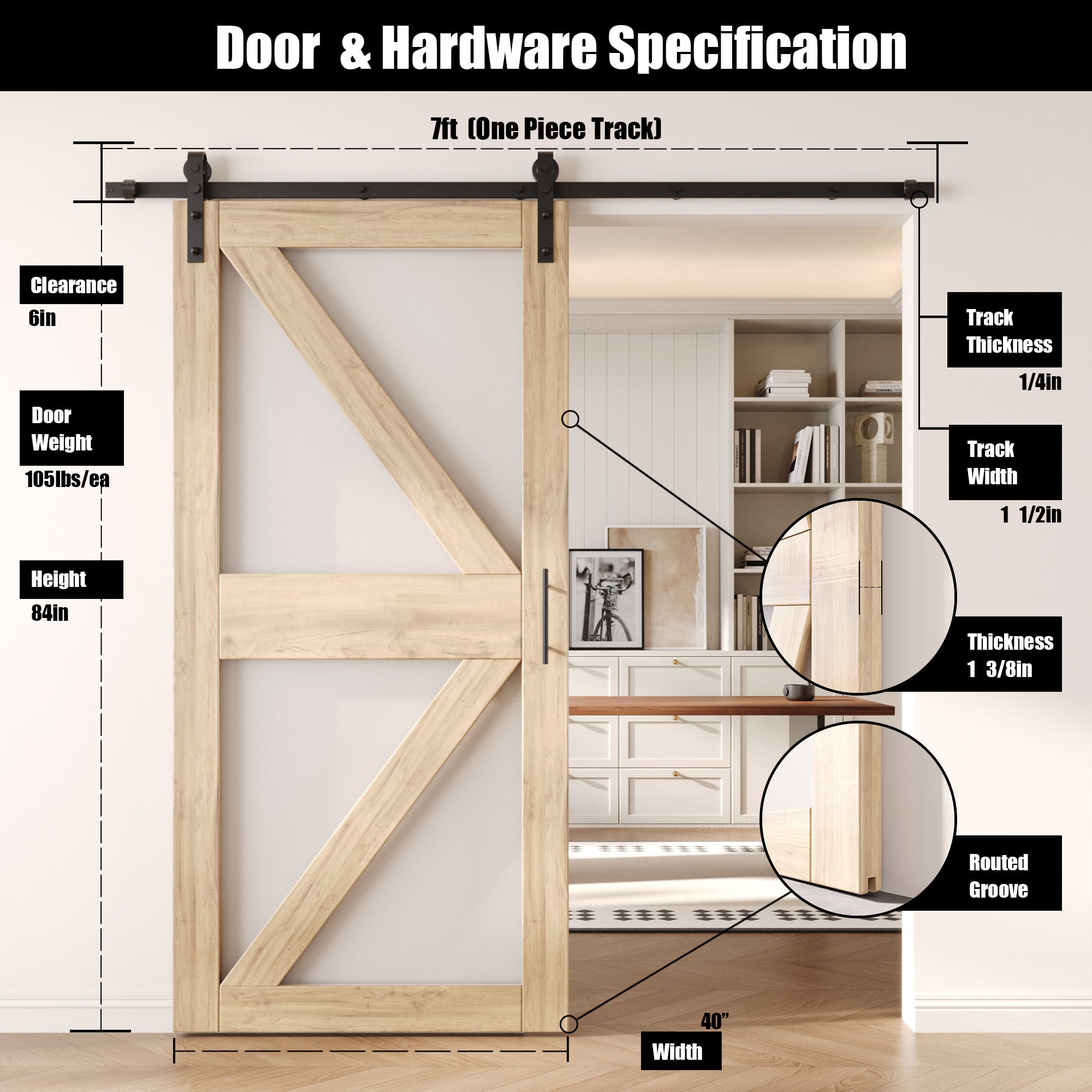 84" Height Arrow Pattern Glass Unassembled & Unfinished Pine Wood Barn Door with Non-Bypass Installation Hardware Kit (Interior Use Only)