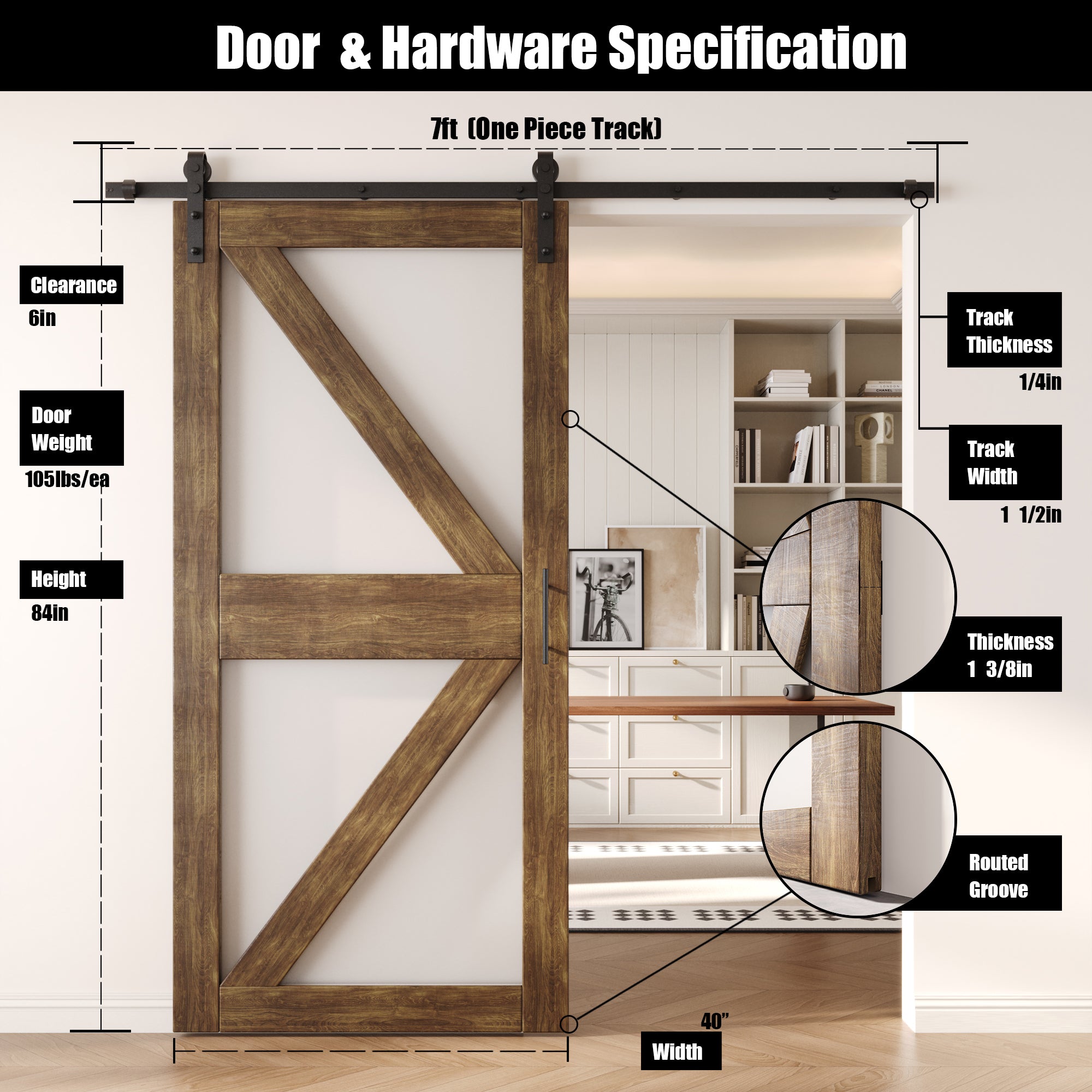 84" Height Dark Walnut Arrow Pattern Glass Unassembled & Finished Pine Wood Barn Door with Non-Bypass Installation Hardware Kit (Interior Use Only)
