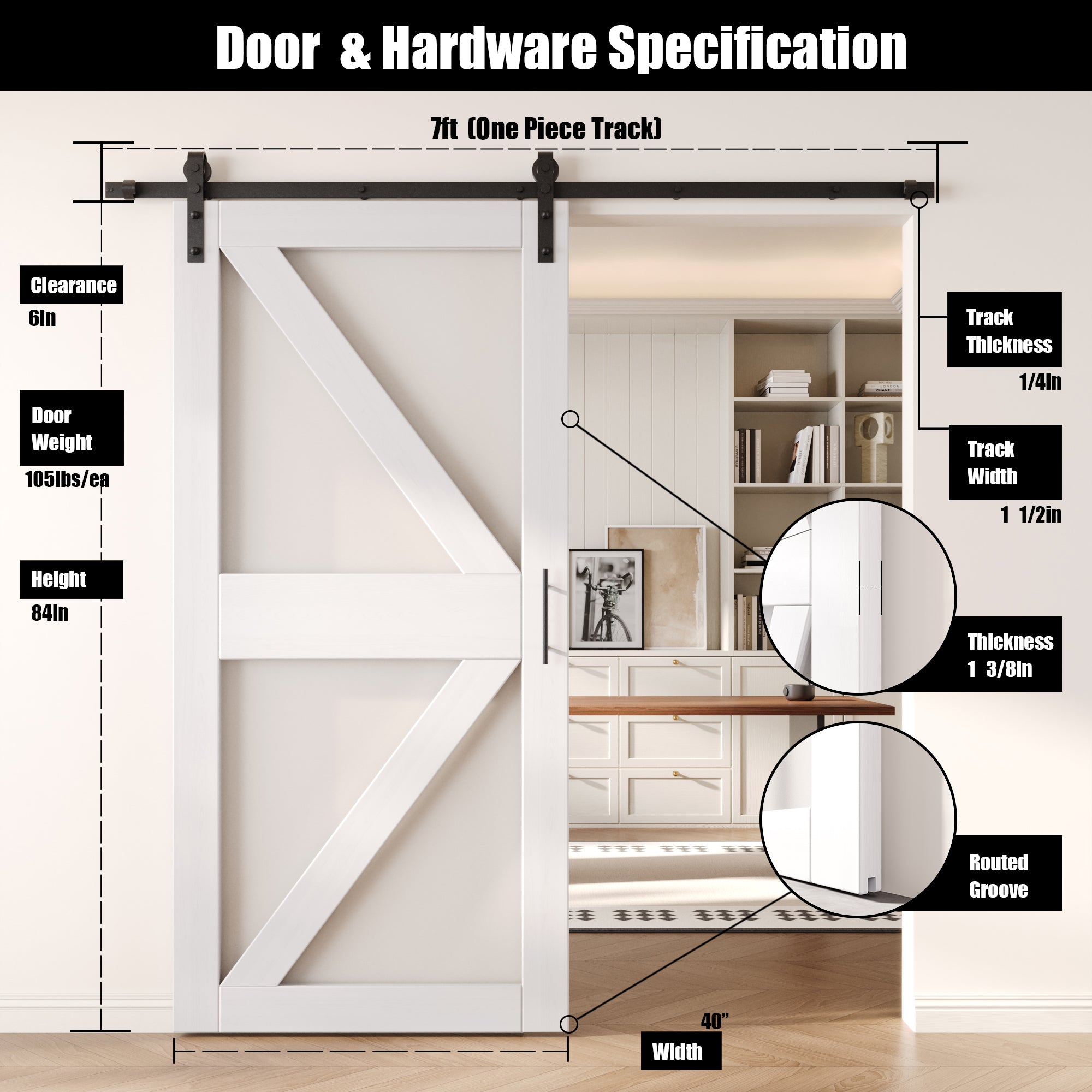 84" Height White Arrow Pattern Glass Unassembled & Finished Pine Wood Barn Door with Non-Bypass Installation Hardware Kit (Interior Use Only)