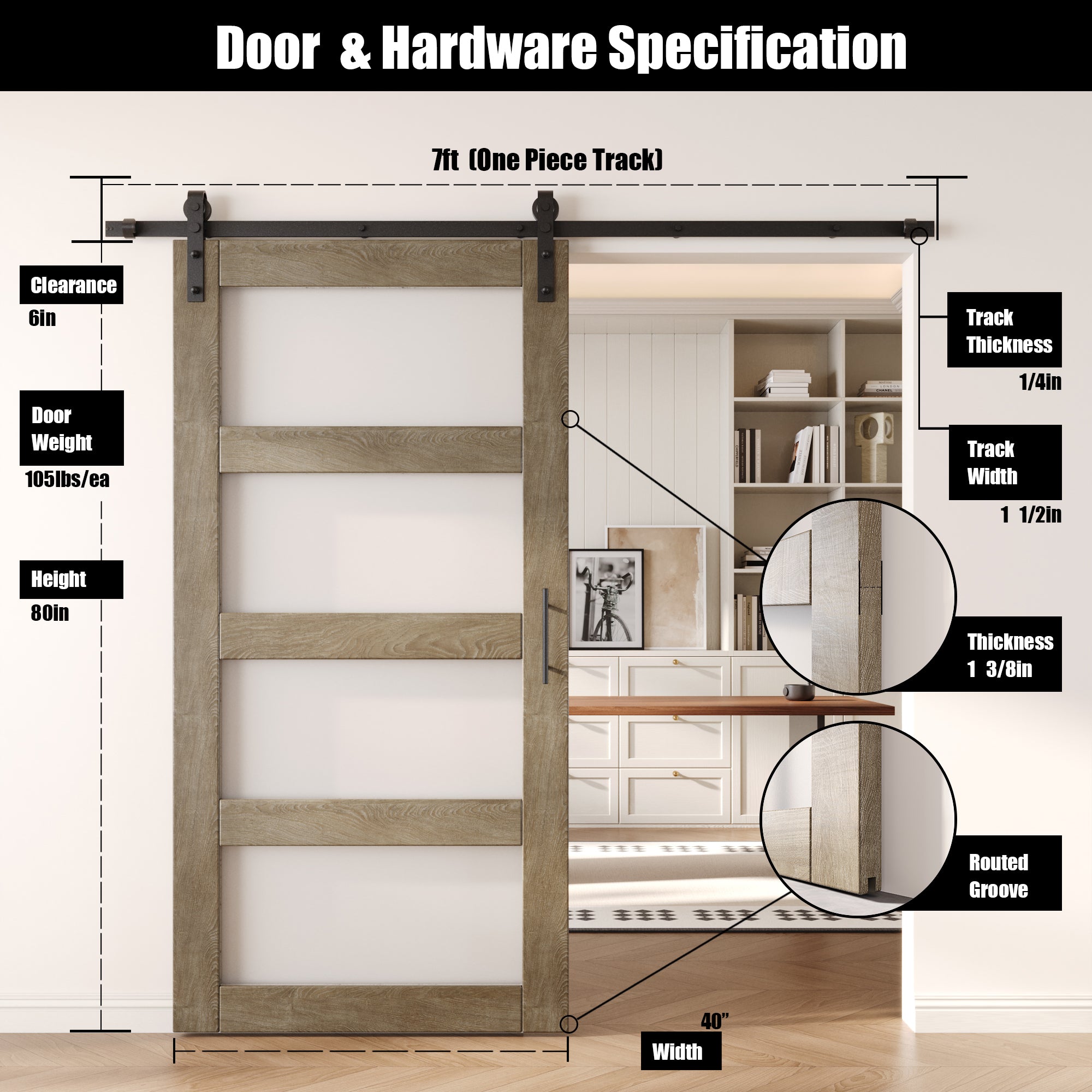 80" Height Classic Gray 4-Lite Frosted Glass Unassembled & Finished Pine Wood Barn Door with Non-Bypass Installation Hardware Kit (Interior Use Only)