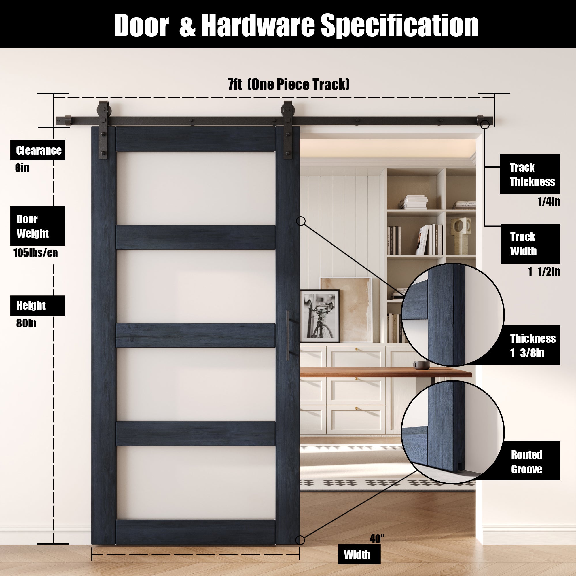 80" Height Navy 4-Lite Frosted Glass Unassembled & Finished Pine Wood Barn Door with Non-Bypass Installation Hardware Kit (Interior Use Only)
