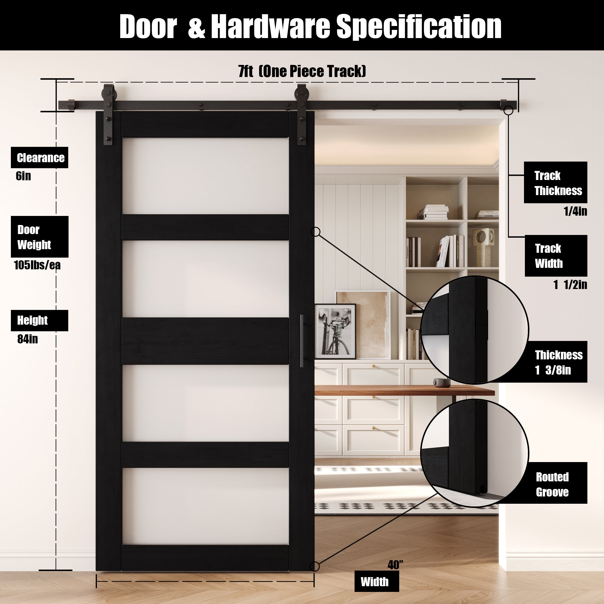 84" Height Black 4-Lite Frosted Glass Unassembled & Finished Pine Wood Barn Door with Non-Bypass Installation Hardware Kit (Interior Use Only)