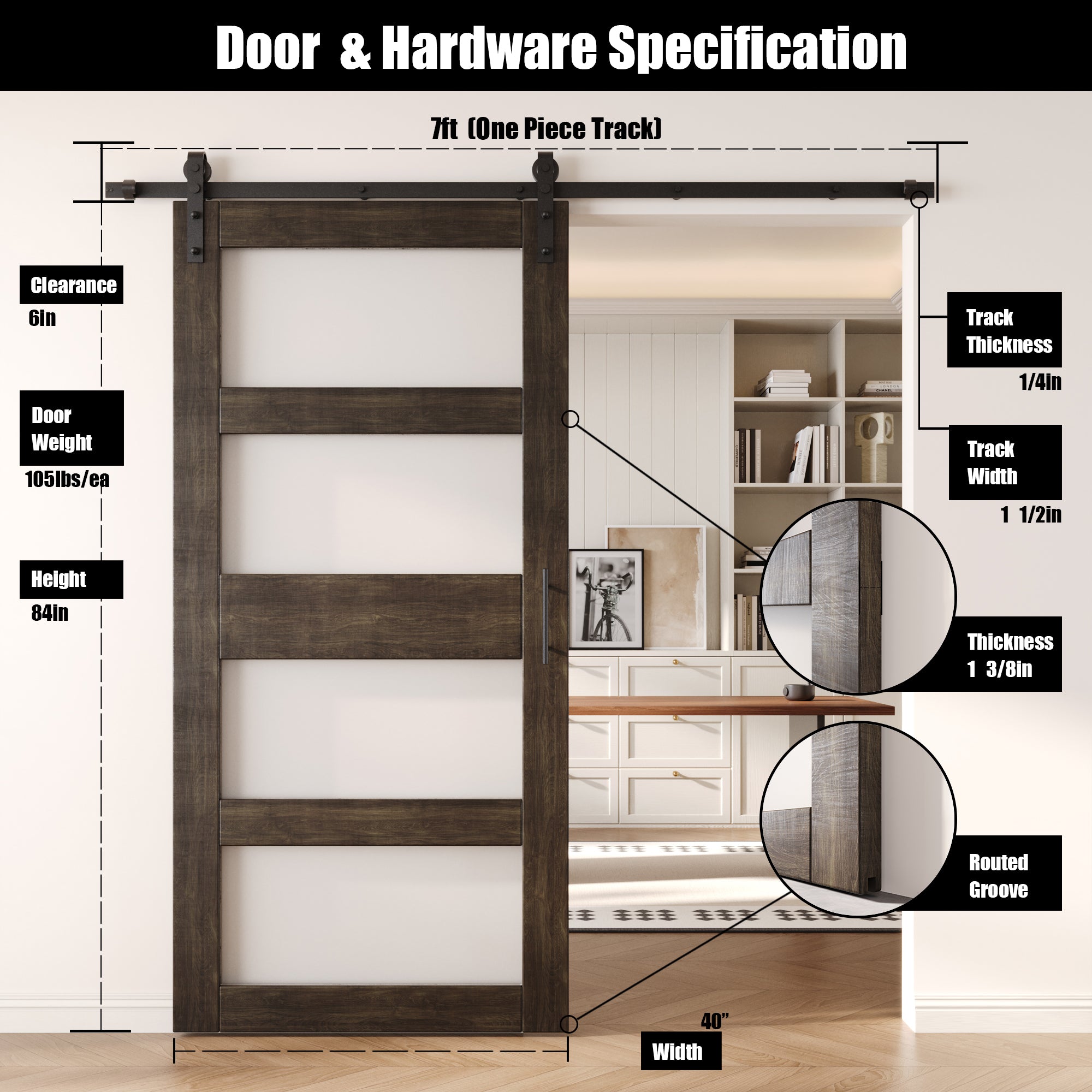 84" Height Ebony 4-Lite Frosted Glass Unassembled & Finished Pine Wood Barn Door with Non-Bypass Installation Hardware Kit (Interior Use Only)