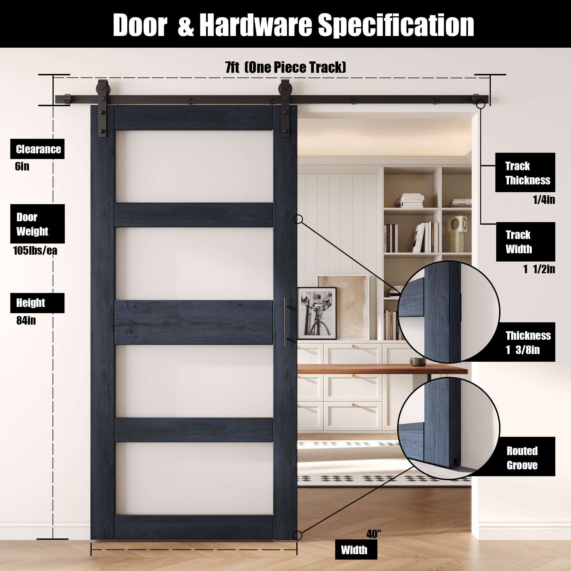 84" Height Navy 4-Lite Frosted Glass Unassembled & Finished Pine Wood Barn Door with Non-Bypass Installation Hardware Kit (Interior Use Only)