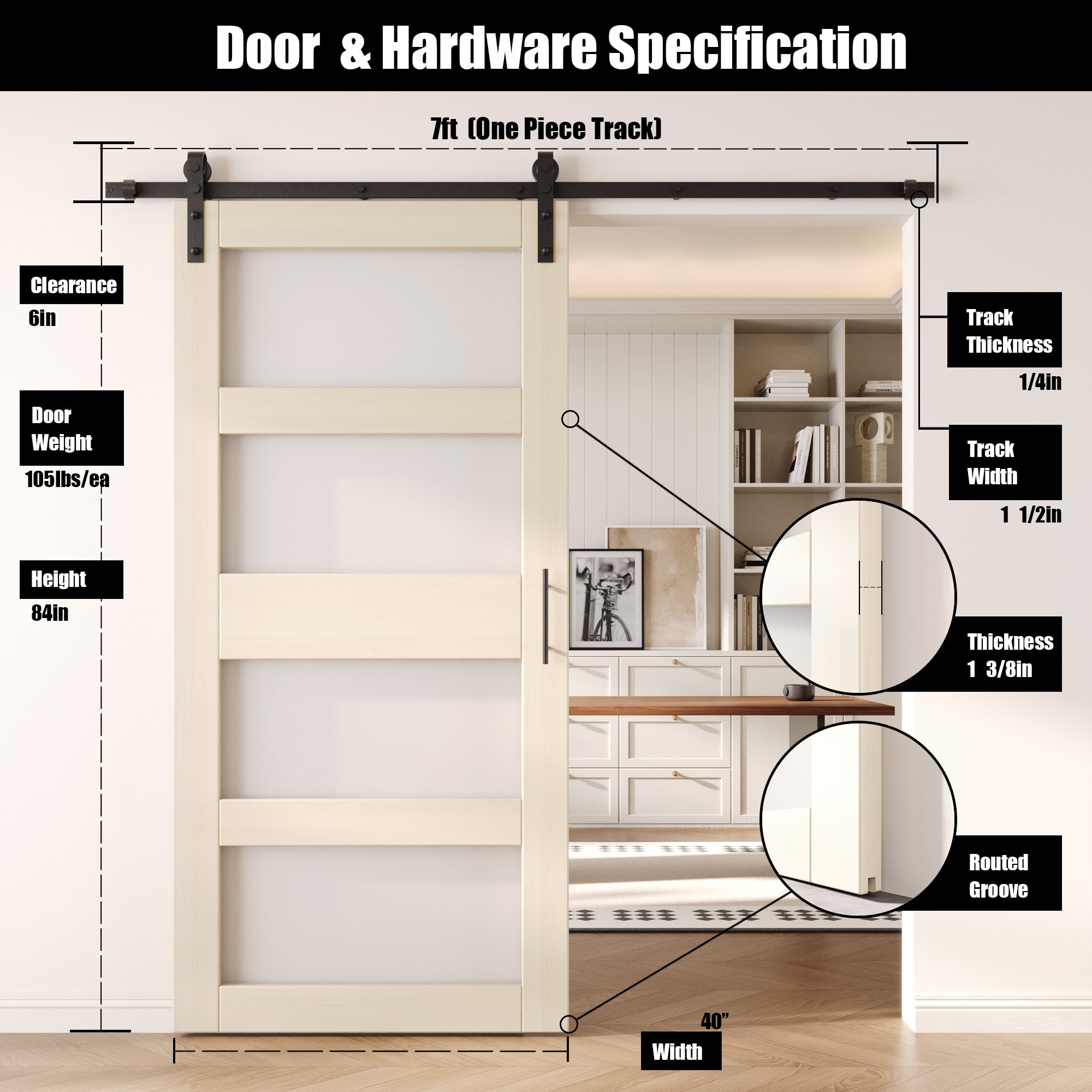 84" Height Tinsmith Gray 4-Lite Frosted Glass Unassembled & Finished Pine Wood Barn Door with Non-Bypass Installation Hardware Kit (Interior Use Only)