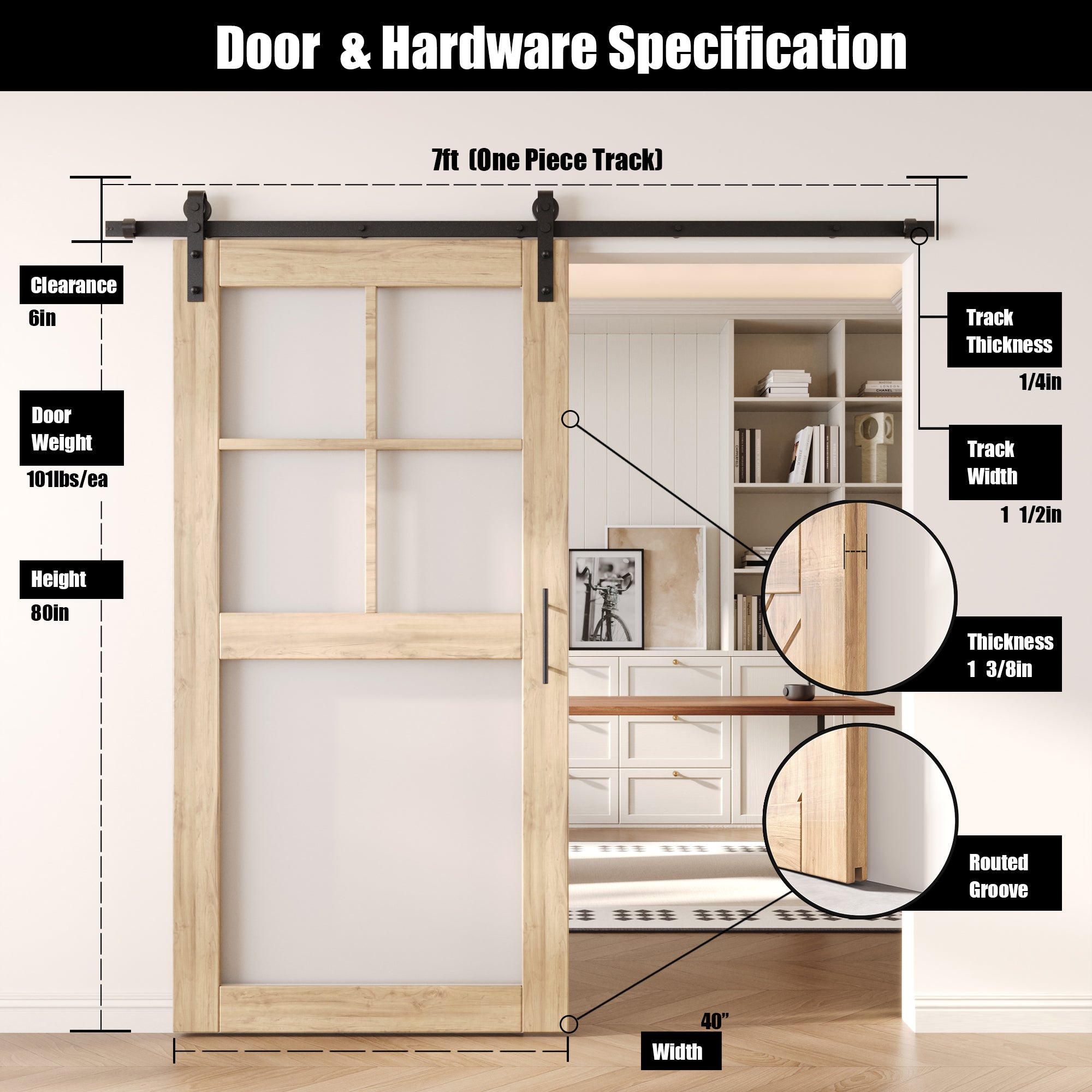 80" Height 5-Lite Frosted Glass Unassembled & Unfinished Pine Wood Barn Door with Non-Bypass Installation Hardware Kit (Interior Use Only)