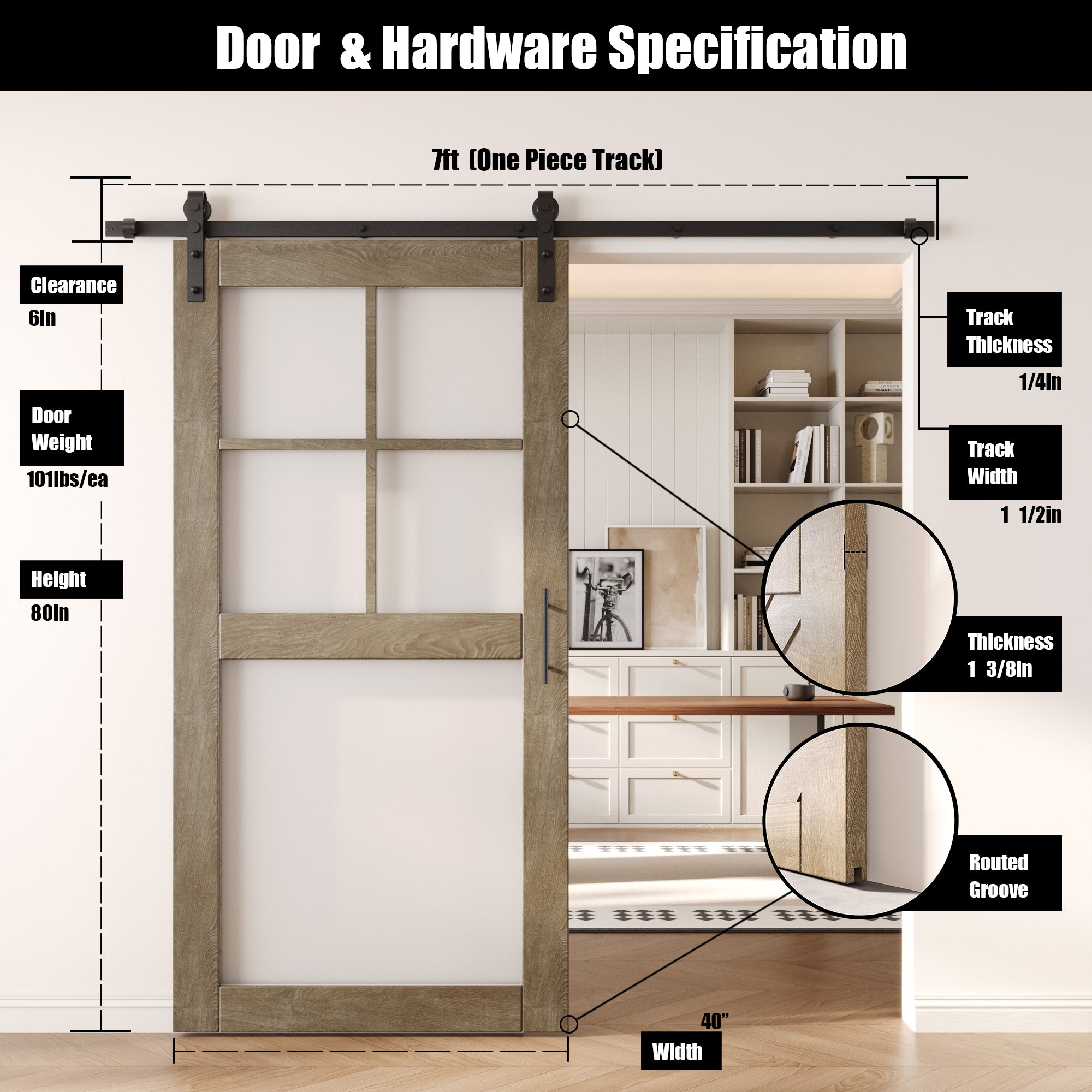 80" Height Classic Gray 5-Lite Frosted Glass Unassembled & Finished Pine Wood Barn Door with Non-Bypass Installation Hardware Kit (Interior Use Only)
