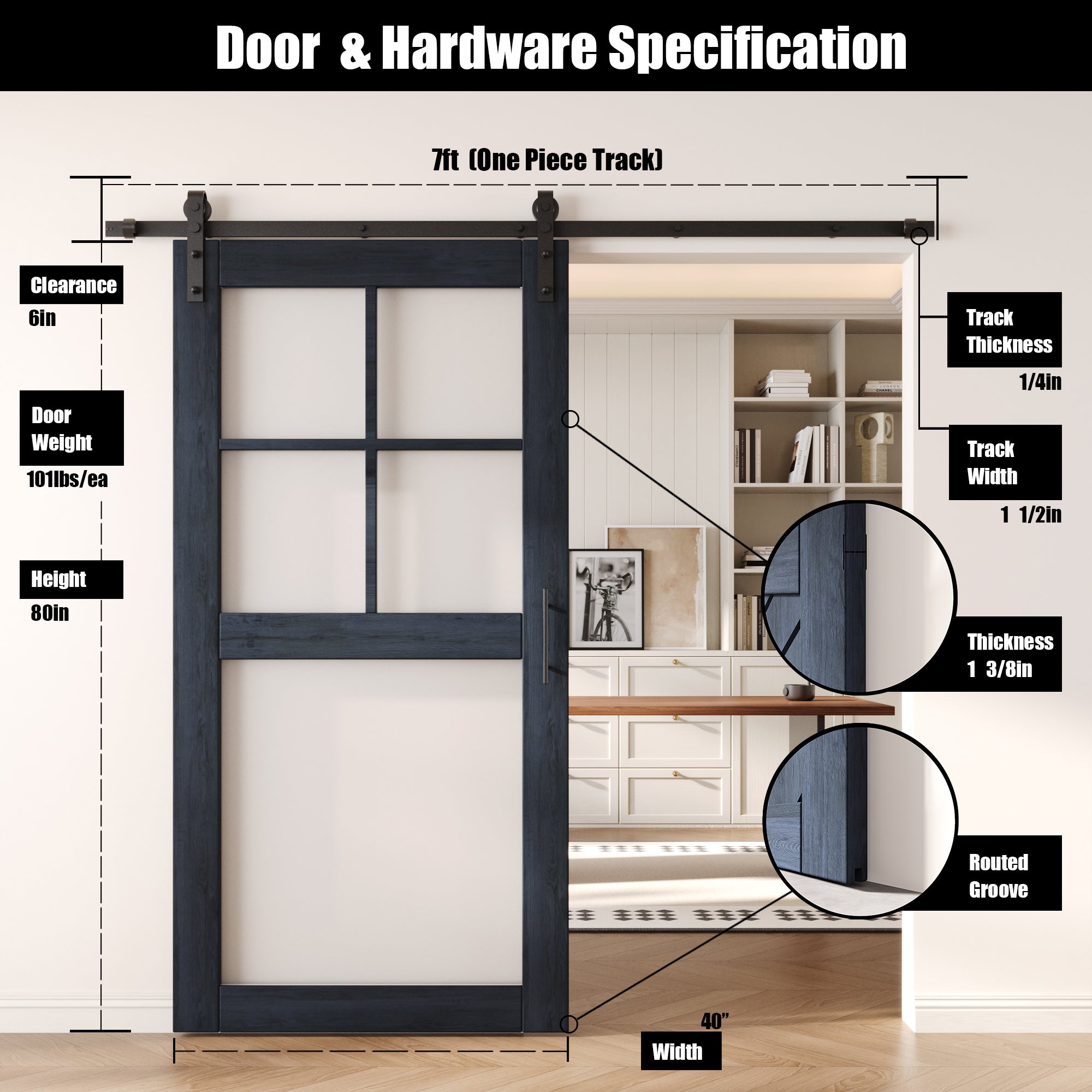 80" Height Navy 5-Lite Frosted Glass Unassembled & Finished Pine Wood Barn Door with Non-Bypass Installation Hardware Kit (Interior Use Only)
