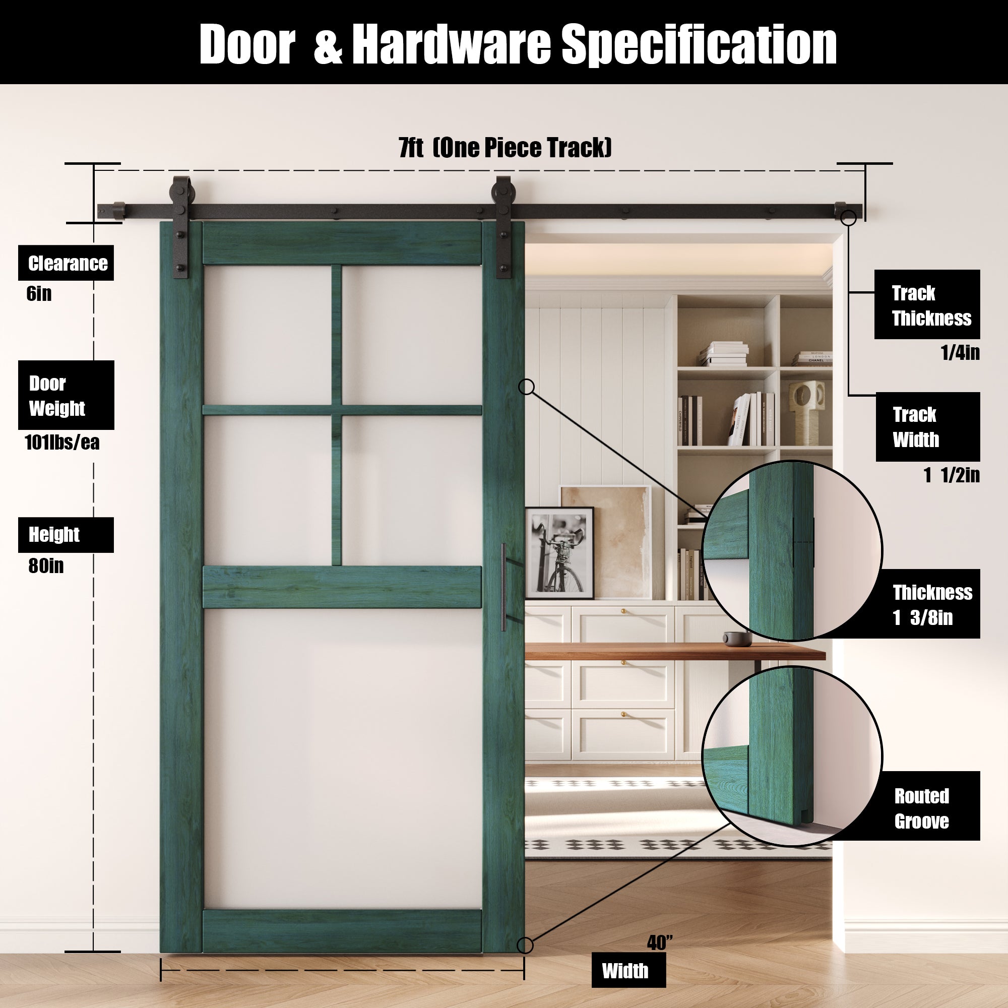 80" Height Royal Pine 5-Lite Frosted Glass Unassembled & Finished Pine Wood Barn Door with Non-Bypass Installation Hardware Kit (Interior Use Only)