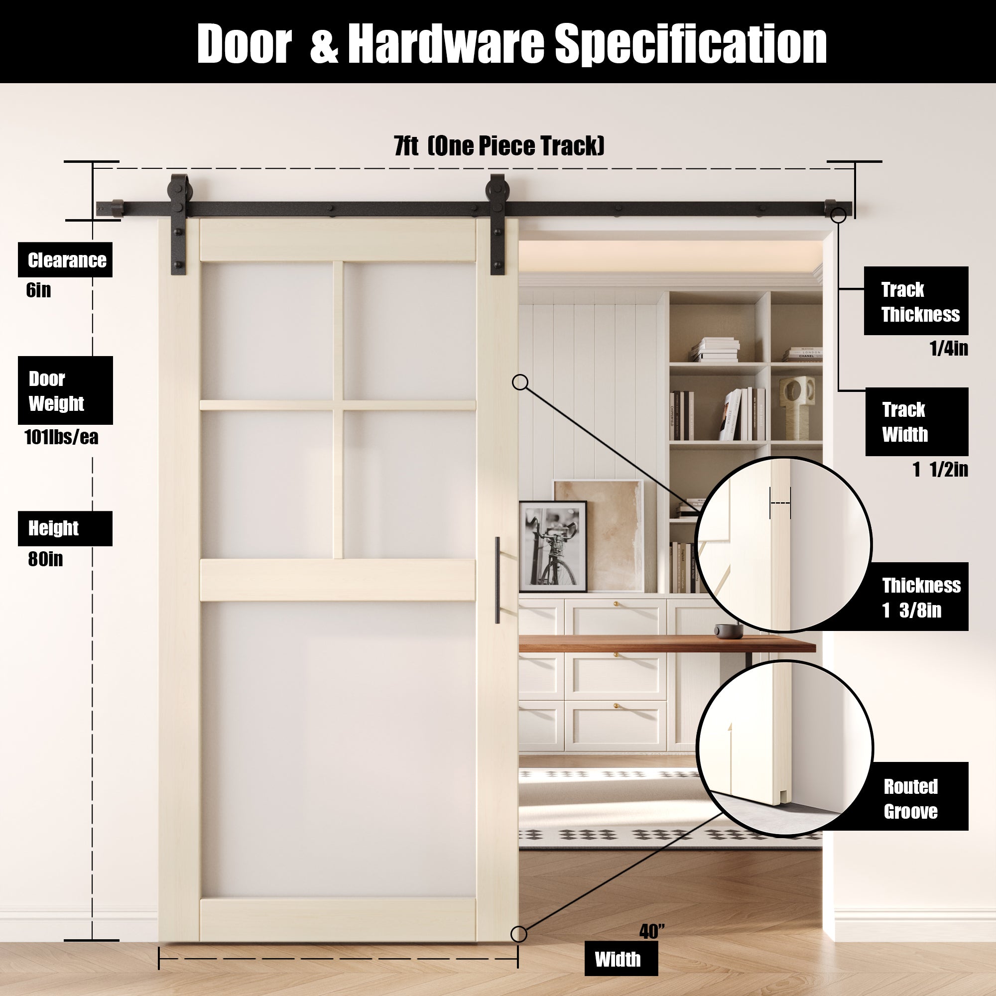 80" Height Tinsmith Gray 5-Lite Frosted Glass Unassembled & Finished Pine Wood Barn Door with Non-Bypass Installation Hardware Kit (Interior Use Only)
