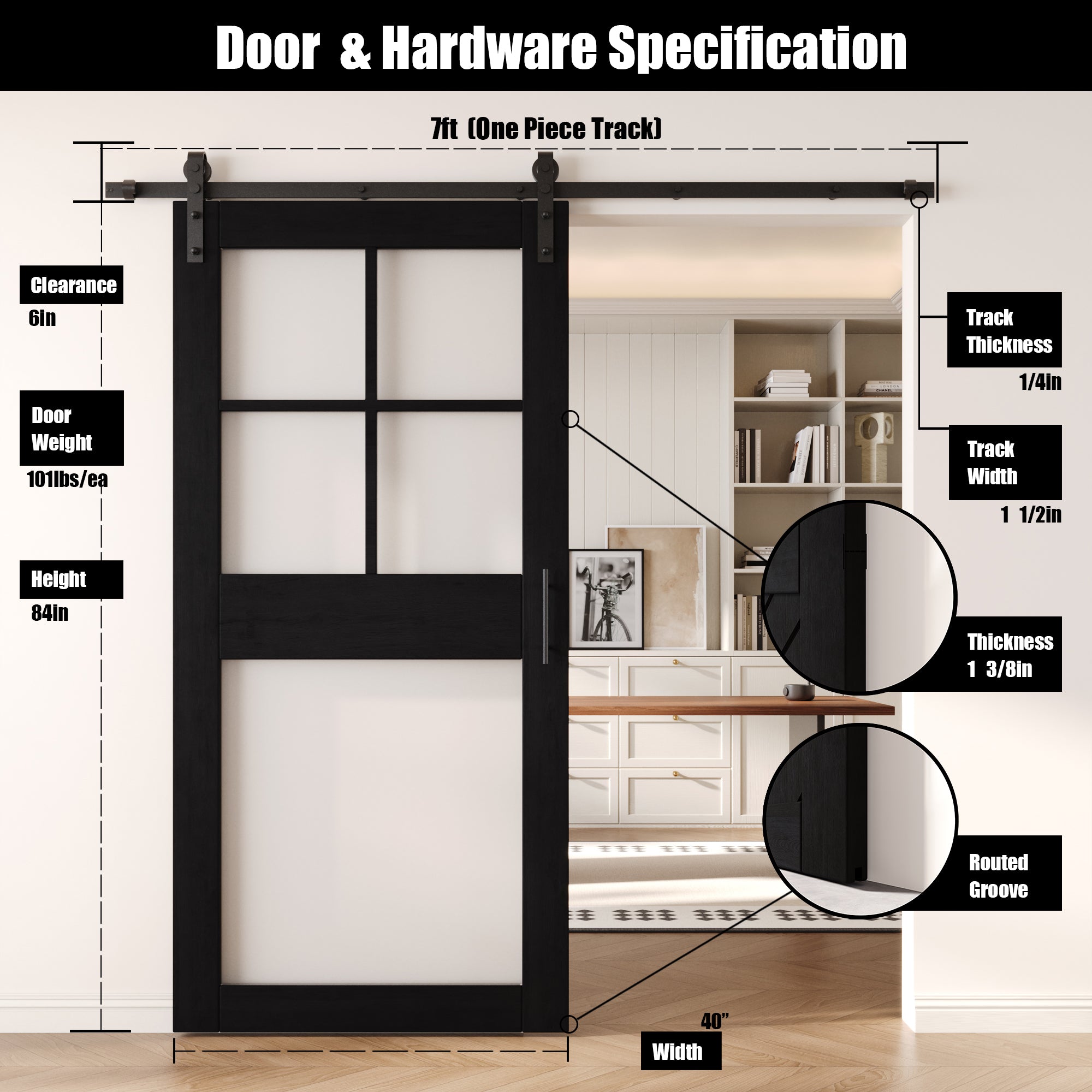 84" Height Black 5-Lite Frosted Glass Unassembled & Finished Pine Wood Barn Door with Non-Bypass Installation Hardware Kit (Interior Use Only)