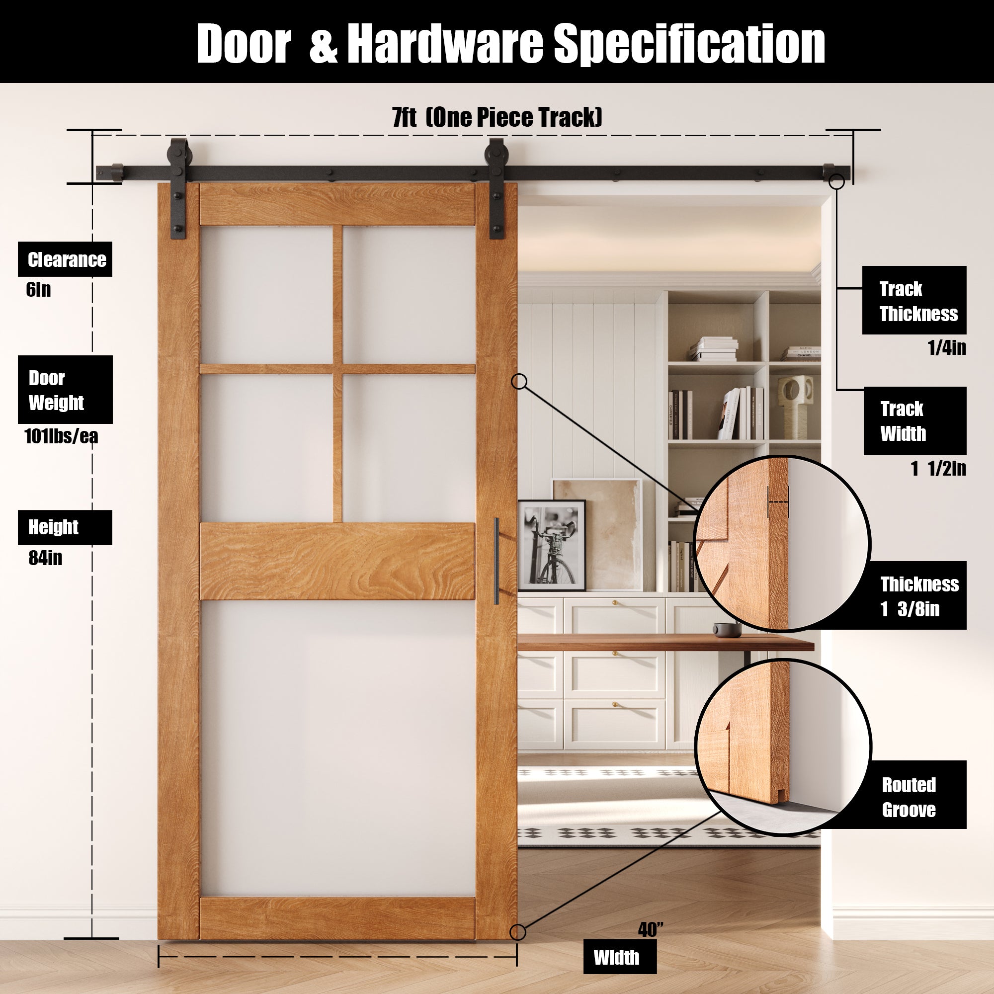 84" Height Early American 5-Lite Frosted Glass Unassembled & Finished Pine Wood Barn Door with Non-Bypass Installation Hardware Kit (Interior Use Only)
