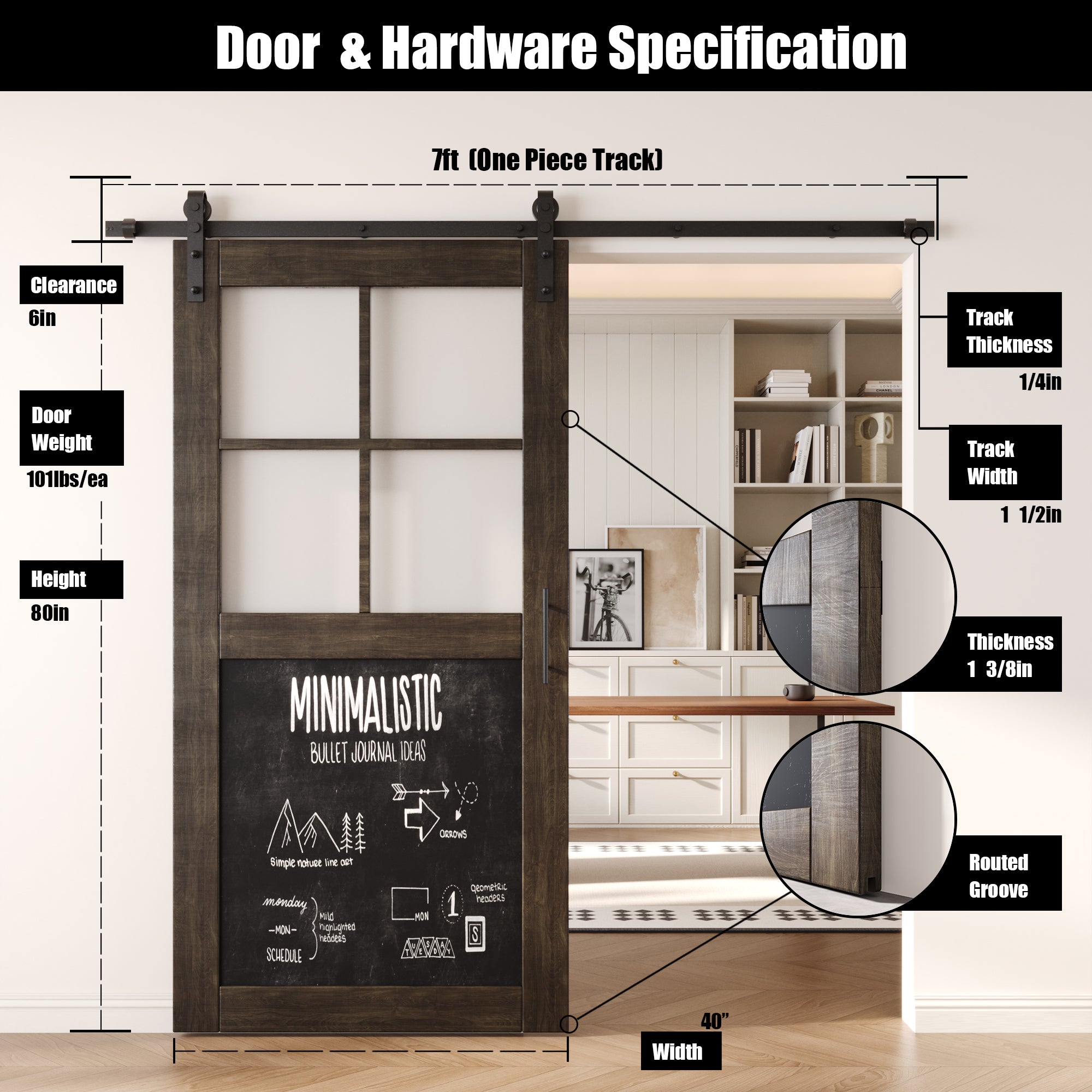 80" Height Ebony Half Lite Chalkboard Unassembled & Finished Pine Wood Barn Door with Non-Bypass Installation Hardware Kit (Interior Use Only)