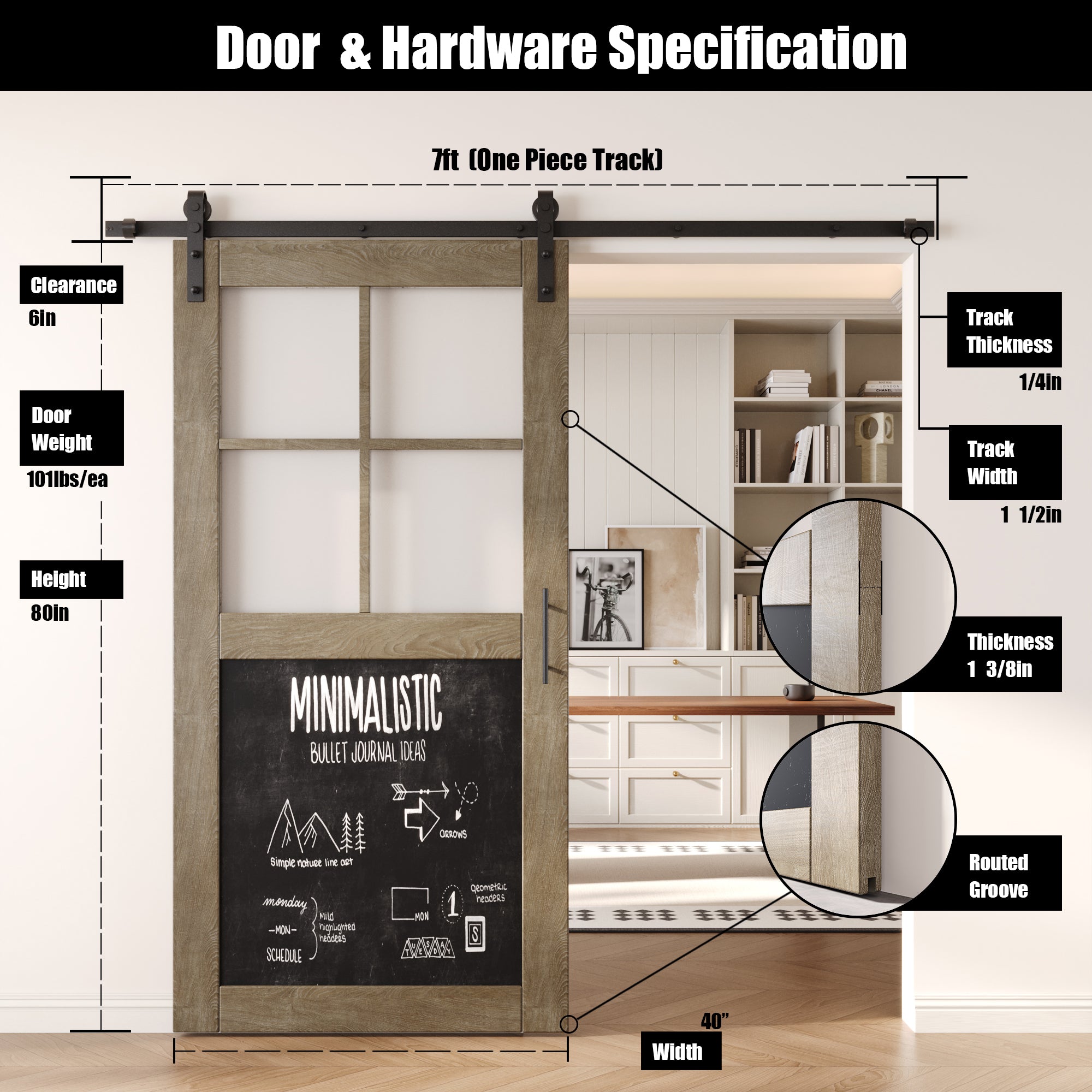 80" Height Classic Gray Half Lite Chalkboard Unassembled & Finished Pine Wood Barn Door with Non-Bypass Installation Hardware Kit (Interior Use Only)