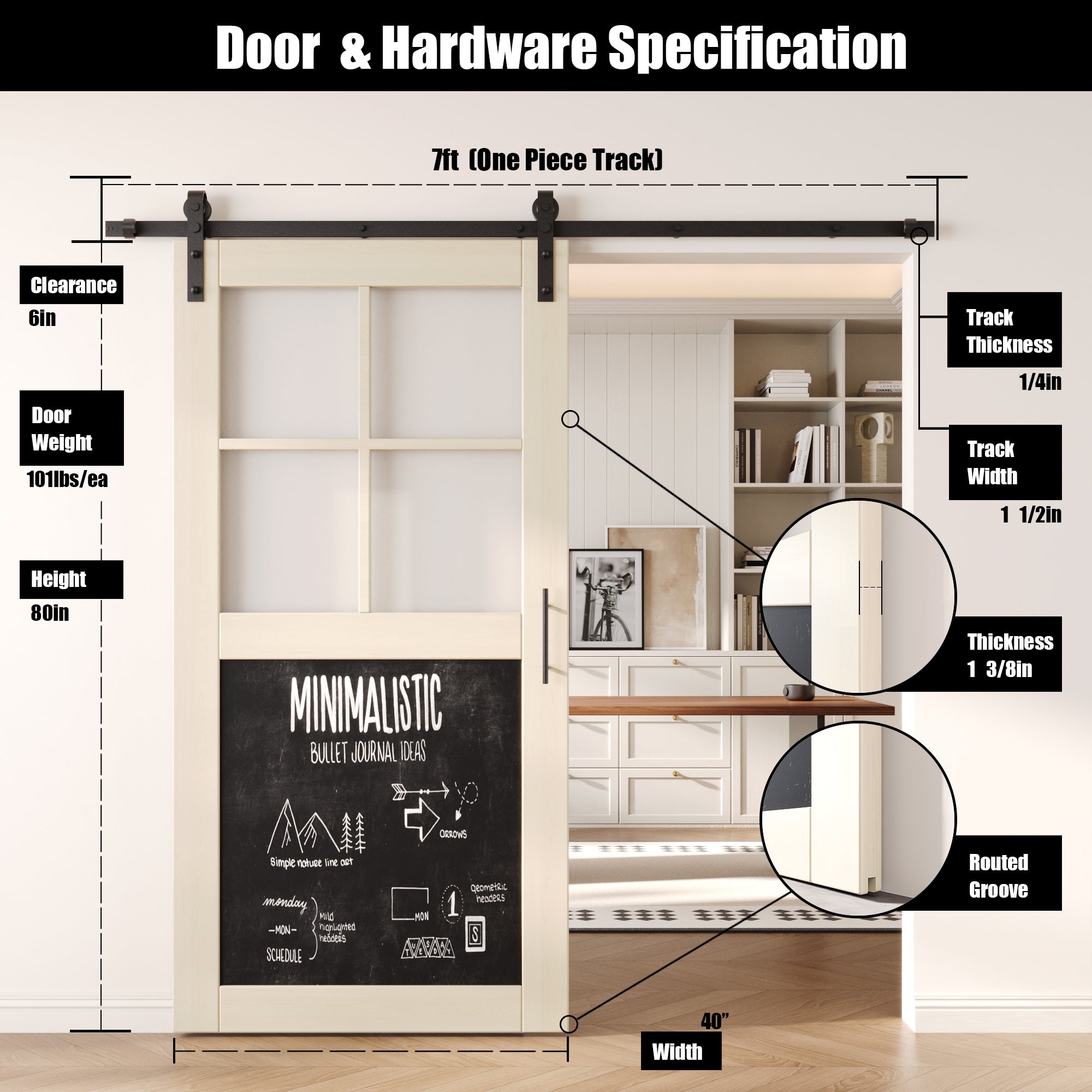 80" Height Tinsmith Gray Half Lite Chalkboard Unassembled & Finished Pine Wood Barn Door with Non-Bypass Installation Hardware Kit (Interior Use Only)