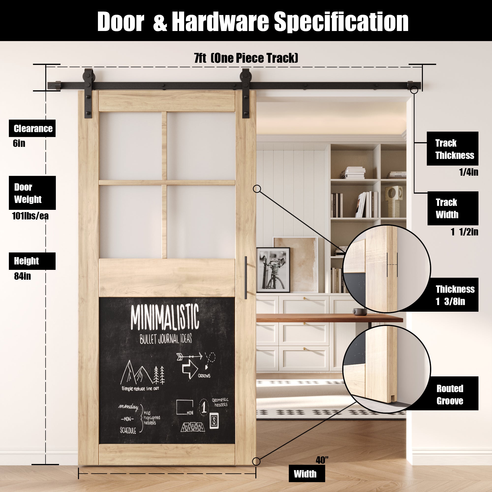 84" Height Half Lite Chalkboard Unassembled & Unfinished Pine Wood Barn Door with Non-Bypass Installation Hardware Kit (Interior Use Only)