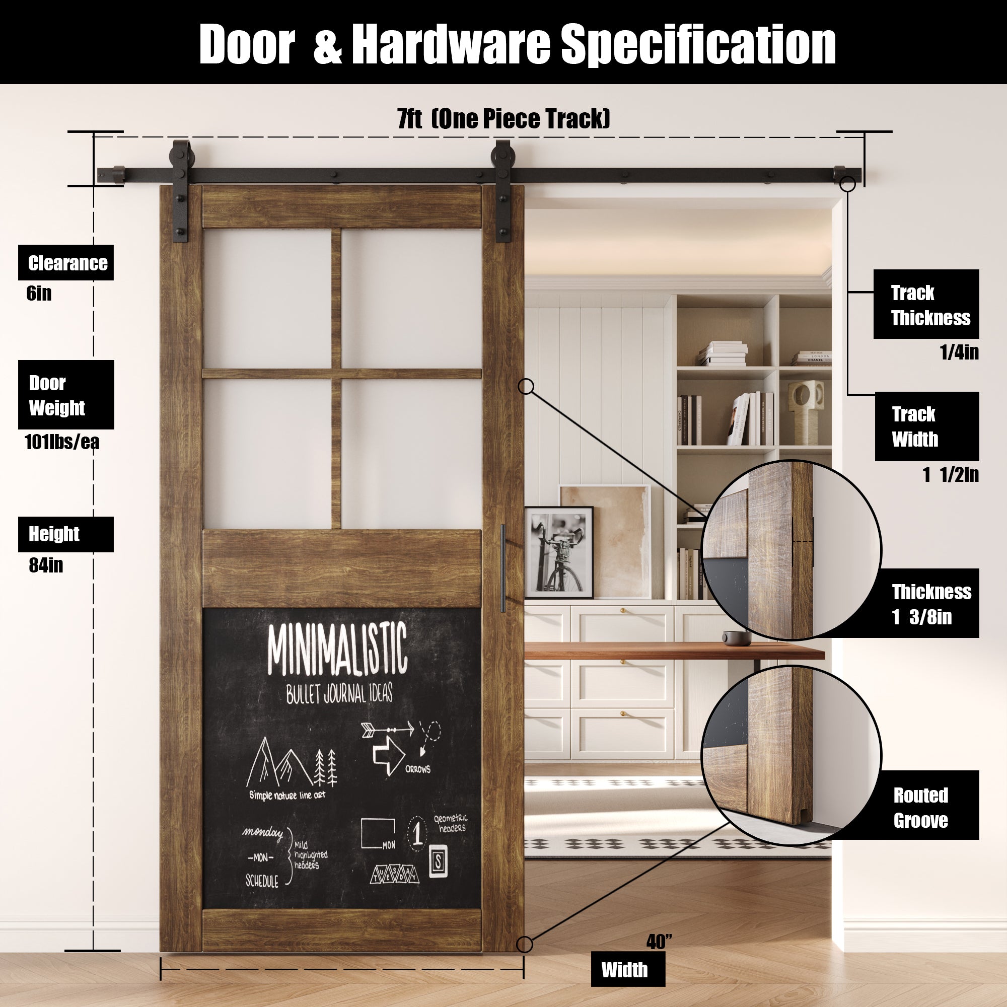 84" Height Dark Walnut Half Lite Chalkboard Unassembled & Finished Pine Wood Barn Door with Non-Bypass Installation Hardware Kit (Interior Use Only)