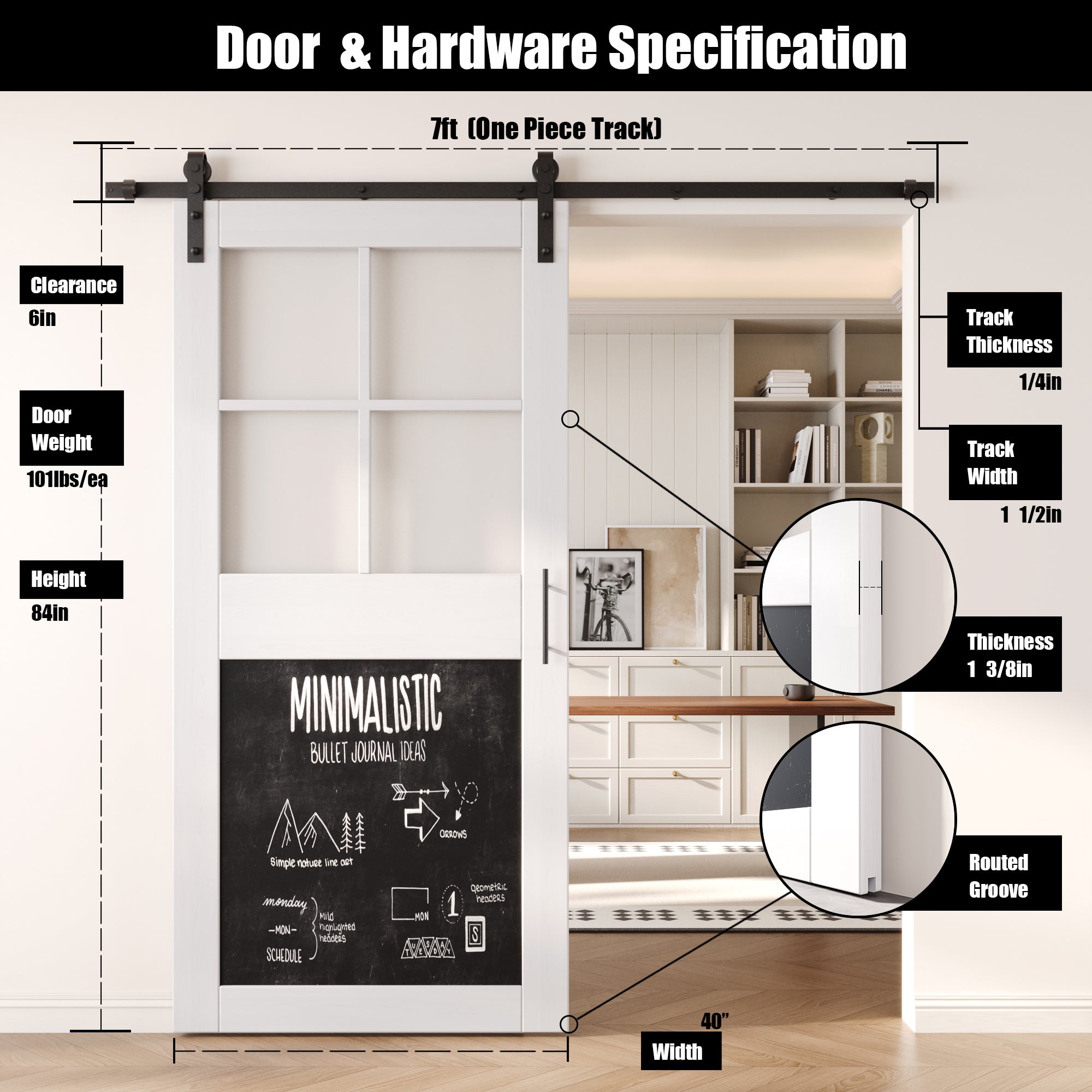 84" Height White Half Lite Chalkboard Unassembled & Finished Pine Wood Barn Door with Non-Bypass Installation Hardware Kit (Interior Use Only)