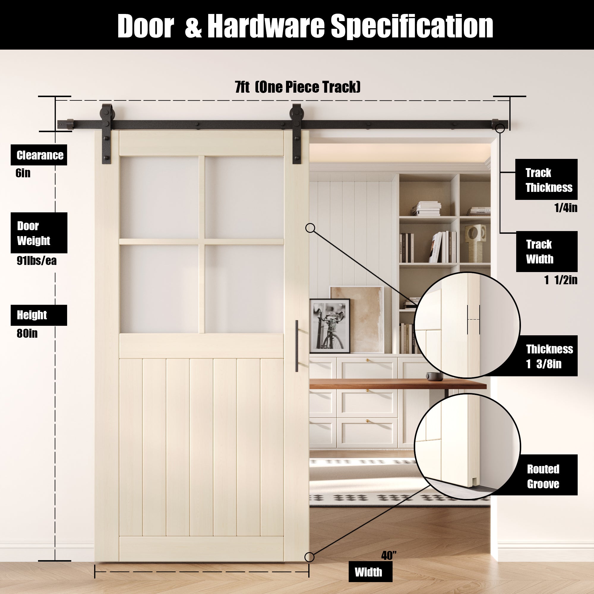 80" Height Tinsmith Gray Half Lite Grid Glass Unassembled & Finished Pine Wood Barn Door with Non-Bypass Installation Hardware Kit (Interior Use Only)