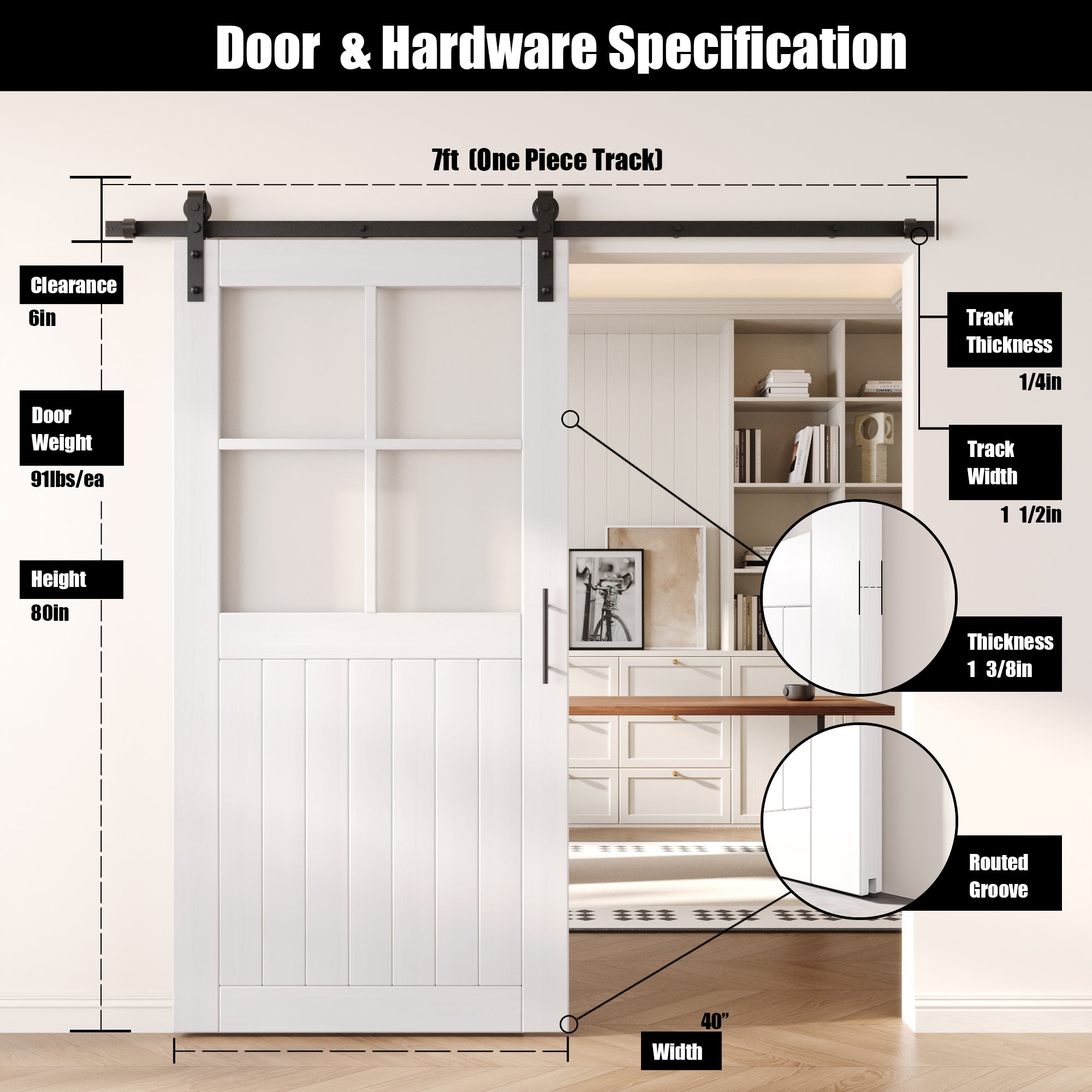 80" Height White Half Lite Grid Glass Unassembled & Finished Pine Wood Barn Door with Non-Bypass Installation Hardware Kit (Interior Use Only)