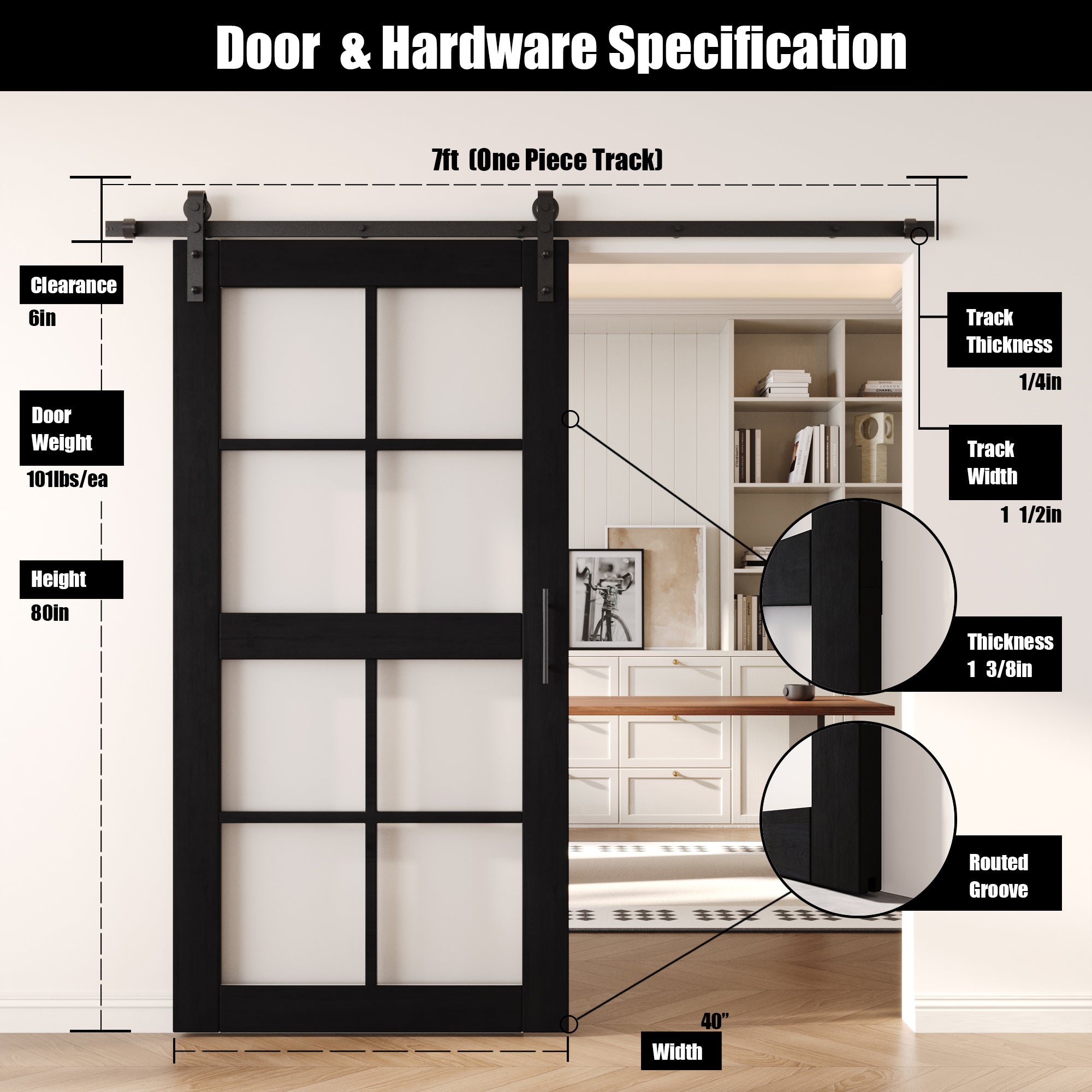 80" Height Black 8-Lite Frosted Glass Unassembled & Finished Pine Wood Barn Door with Non-Bypass Installation Hardware Kit (Interior Use Only)