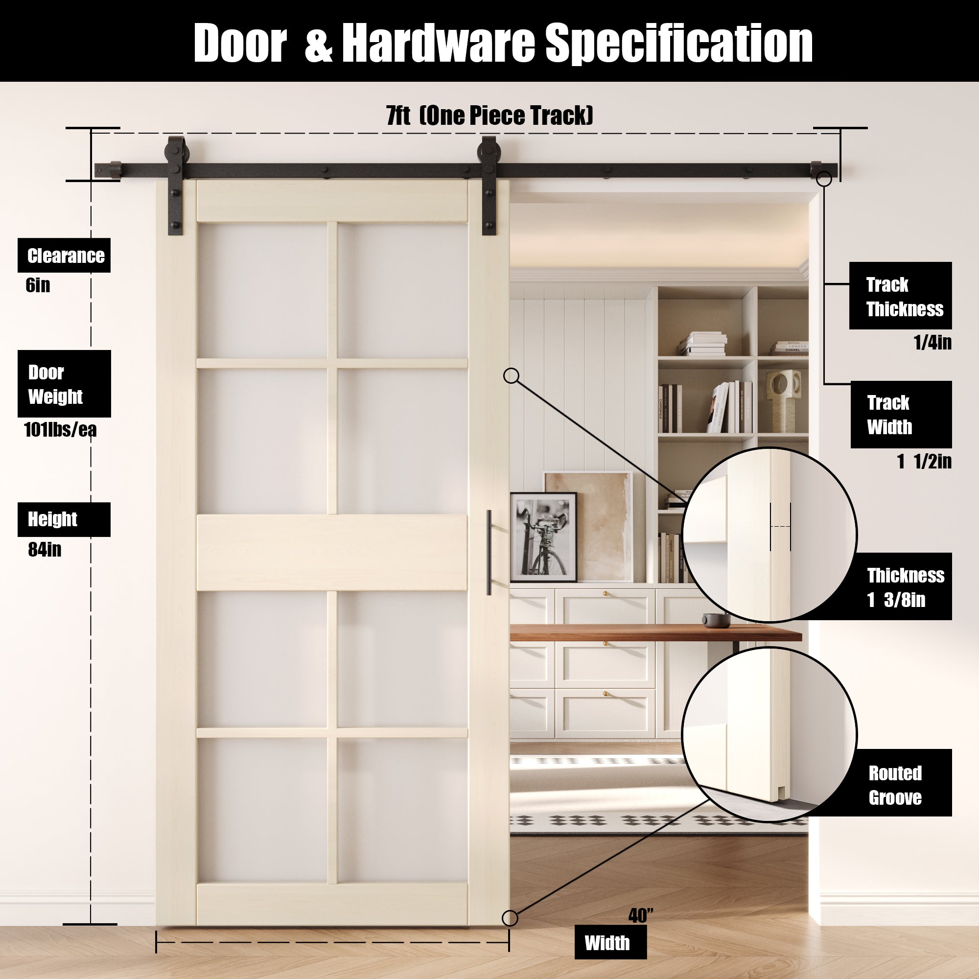 84" Height Tinsmith Gray 8-Lite Frosted Glass Unassembled & Finished Pine Wood Barn Door with Non-Bypass Installation Hardware Kit (Interior Use Only)