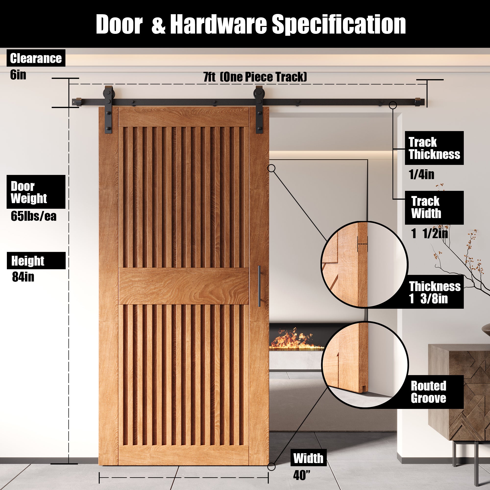 84" Height Early American Vertical Stripe Design Unassembled & Finished Pine Wood Barn Door with Non-Bypass Installation Hardware Kit(Interior Use Only)