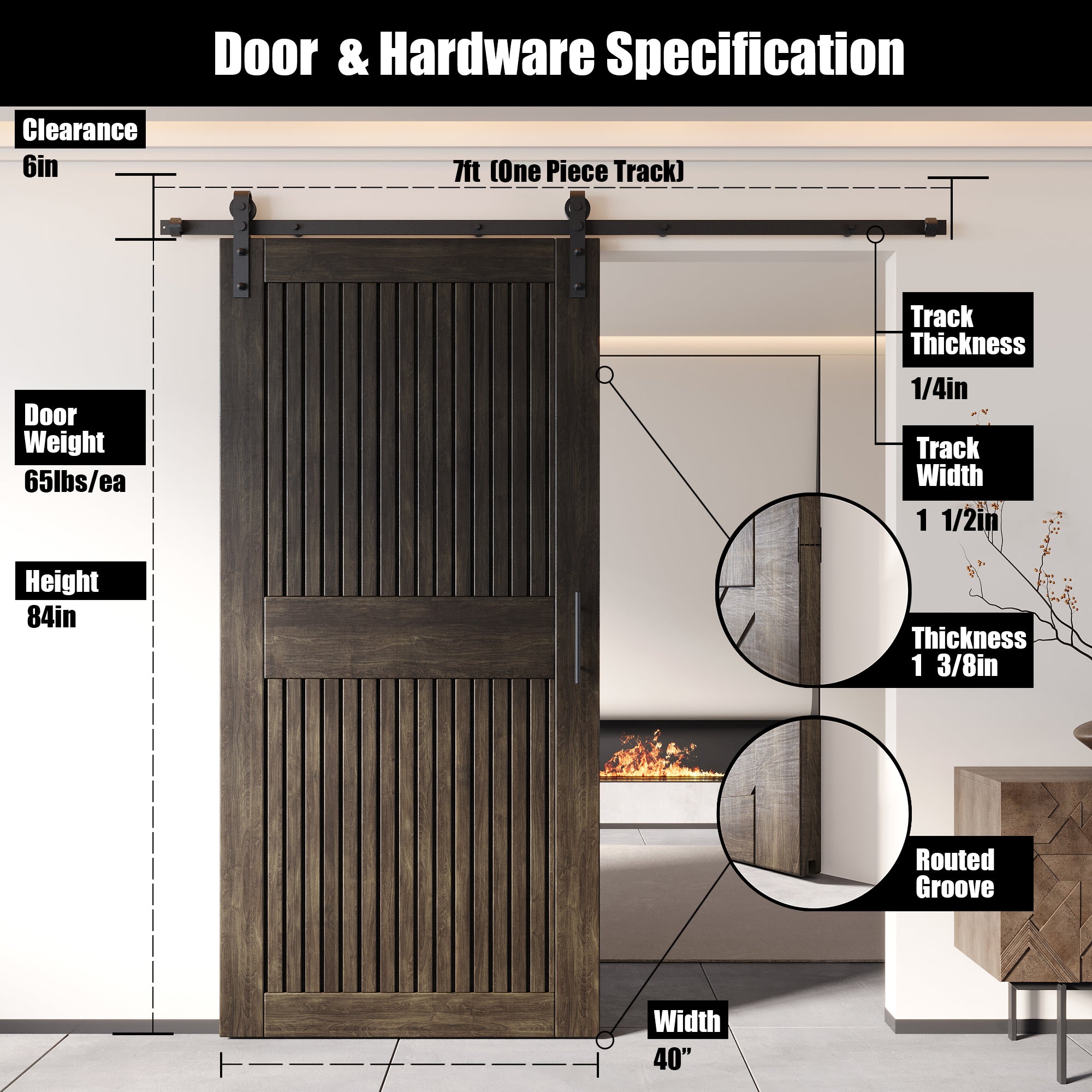 84" Height Ebony Vertical Stripe Design Unassembled & Finished Pine Wood Barn Door with Non-Bypass Installation Hardware Kit(Interior Use Only)