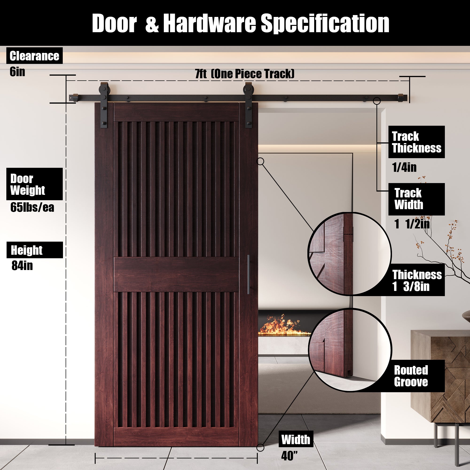 84" Height Red Mahogany Vertical Stripe Design Unassembled & Finished Pine Wood Barn Door with Non-Bypass Installation Hardware Kit(Interior Use Only)