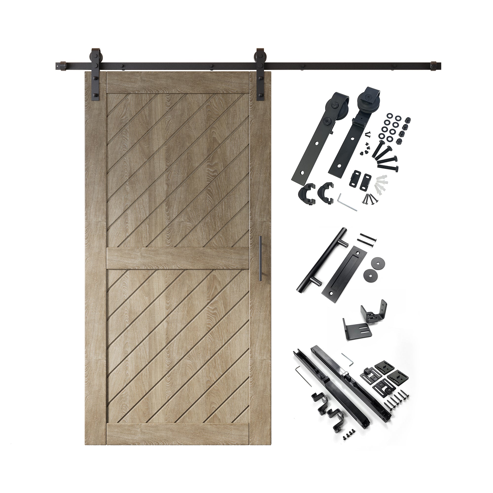 80" Height Classic Gray Slanted Stripe Design Unassembled & Finished Pine Wood Barn Door with Non-Bypass Installation Hardware Kit(Interior Use Only)
