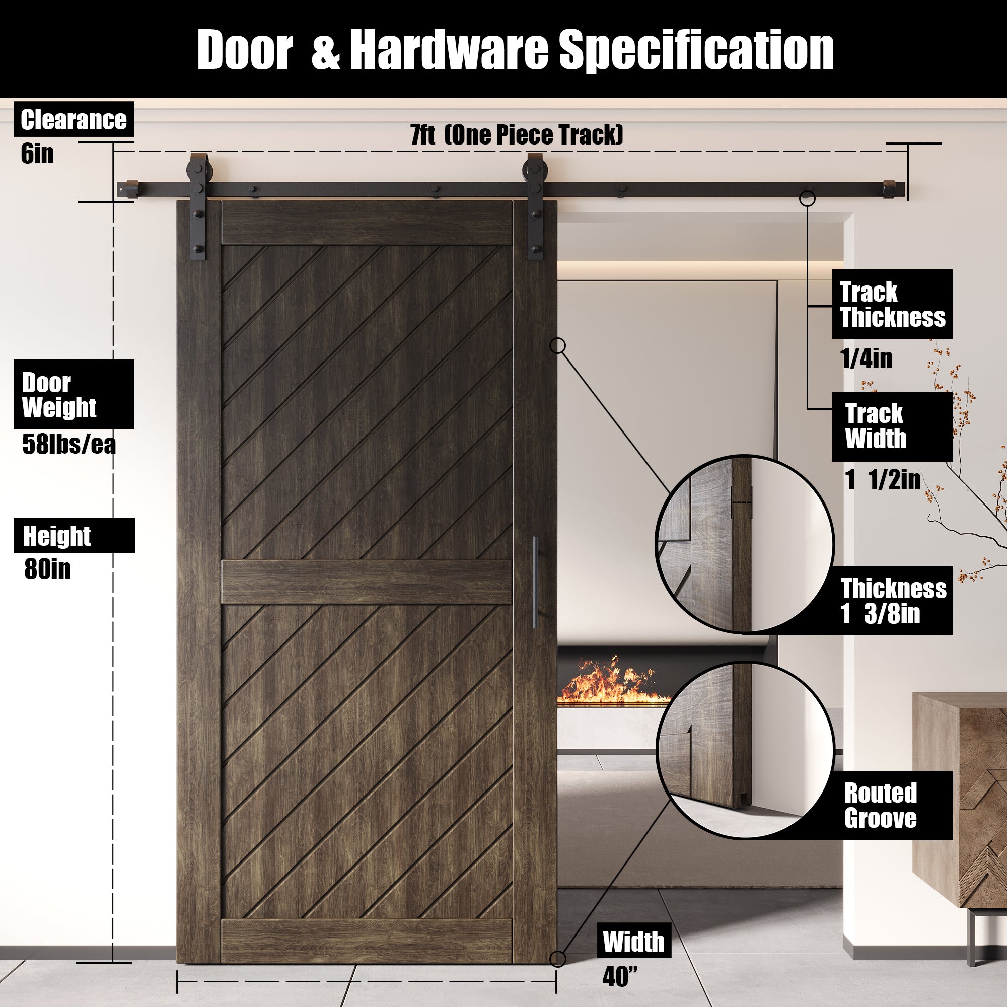 80" ebony pine wood door