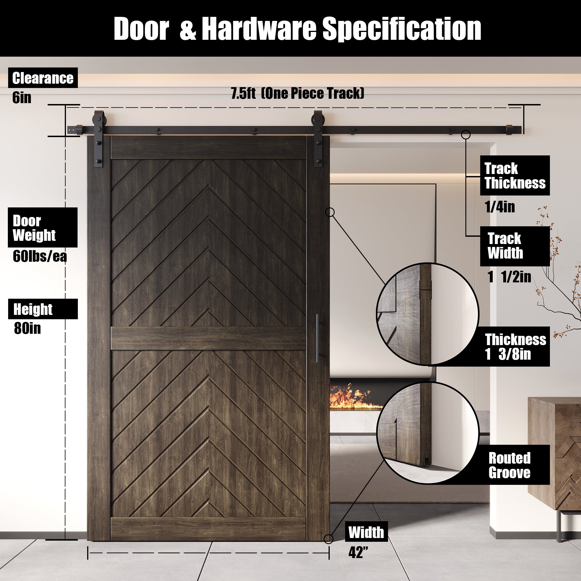 80" Height Ebony Fishbone Design Unassembled & Finished Pine Wood Barn Door with Non-Bypass Installation Hardware Kit(Interior Use Only)