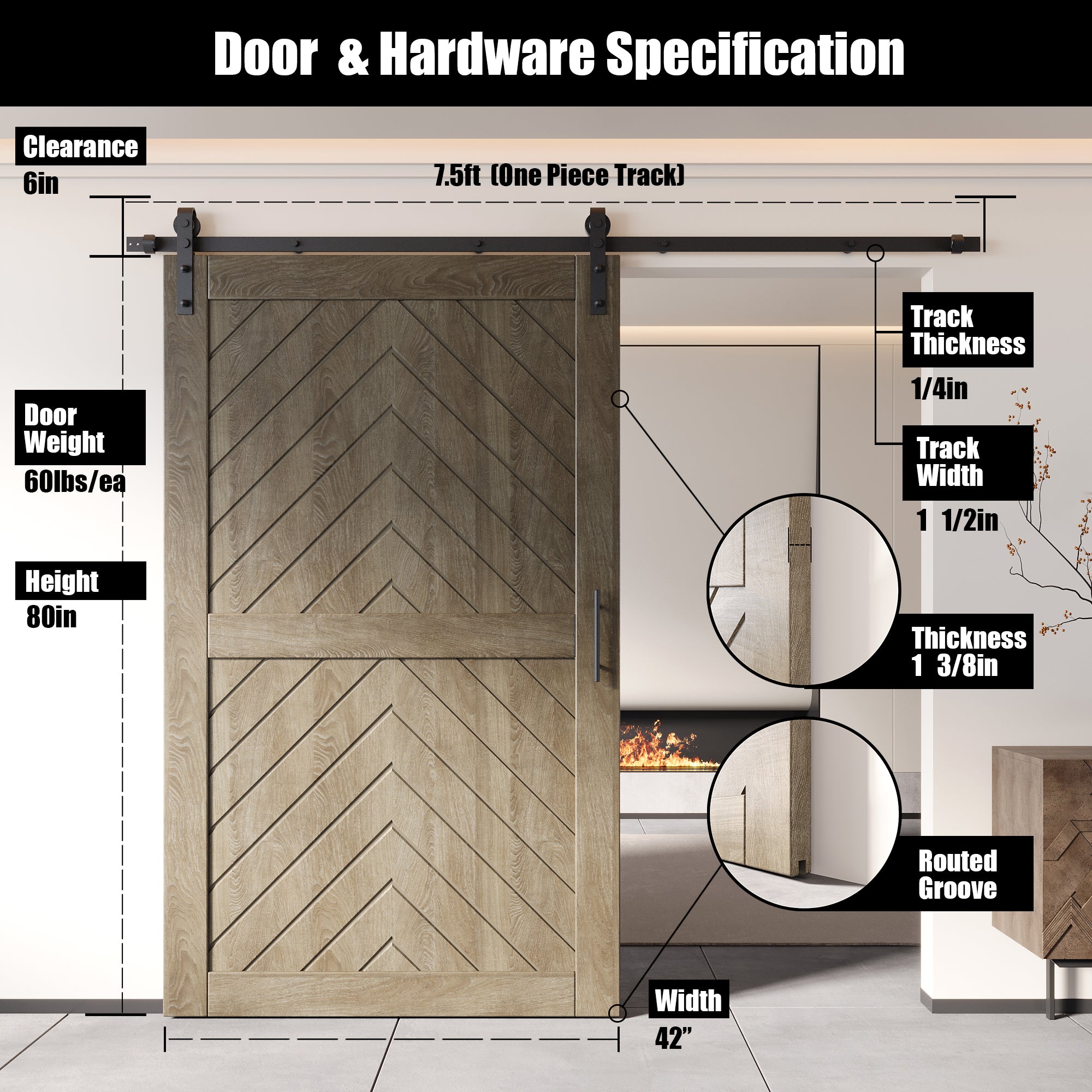 80" Height Classic Gray Fishbone Design Unassembled & Finished Pine Wood Barn Door with Non-Bypass Installation Hardware Kit(Interior Use Only)