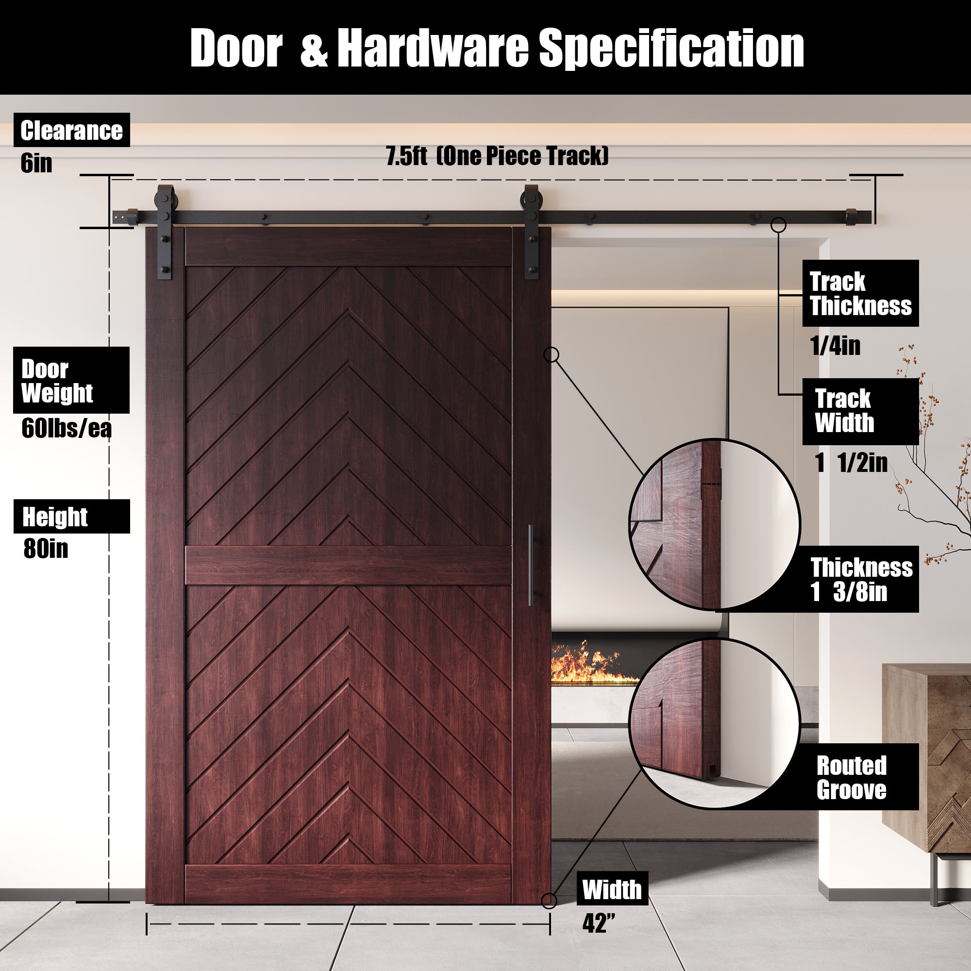 80" Height Red Mahogany Fishbone Design Unassembled & Finished Pine Wood Barn Door with Non-Bypass Installation Hardware Kit(Interior Use Only)