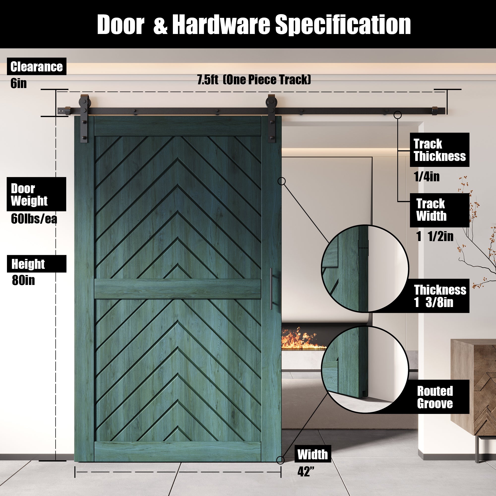 80" Height Royal Pine Fishbone Design Unassembled & Finished Pine Wood Barn Door with Non-Bypass Installation Hardware Kit(Interior Use Only)