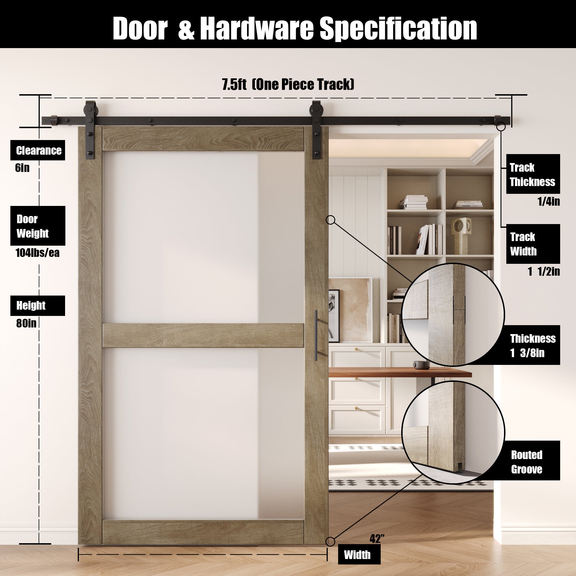 80" Height Classic Gray 2-Lite Frosted Glass Unassembled & Finished Pine Wood Barn Door with Non-Bypass Installation Hardware Kit (Interior Use Only)