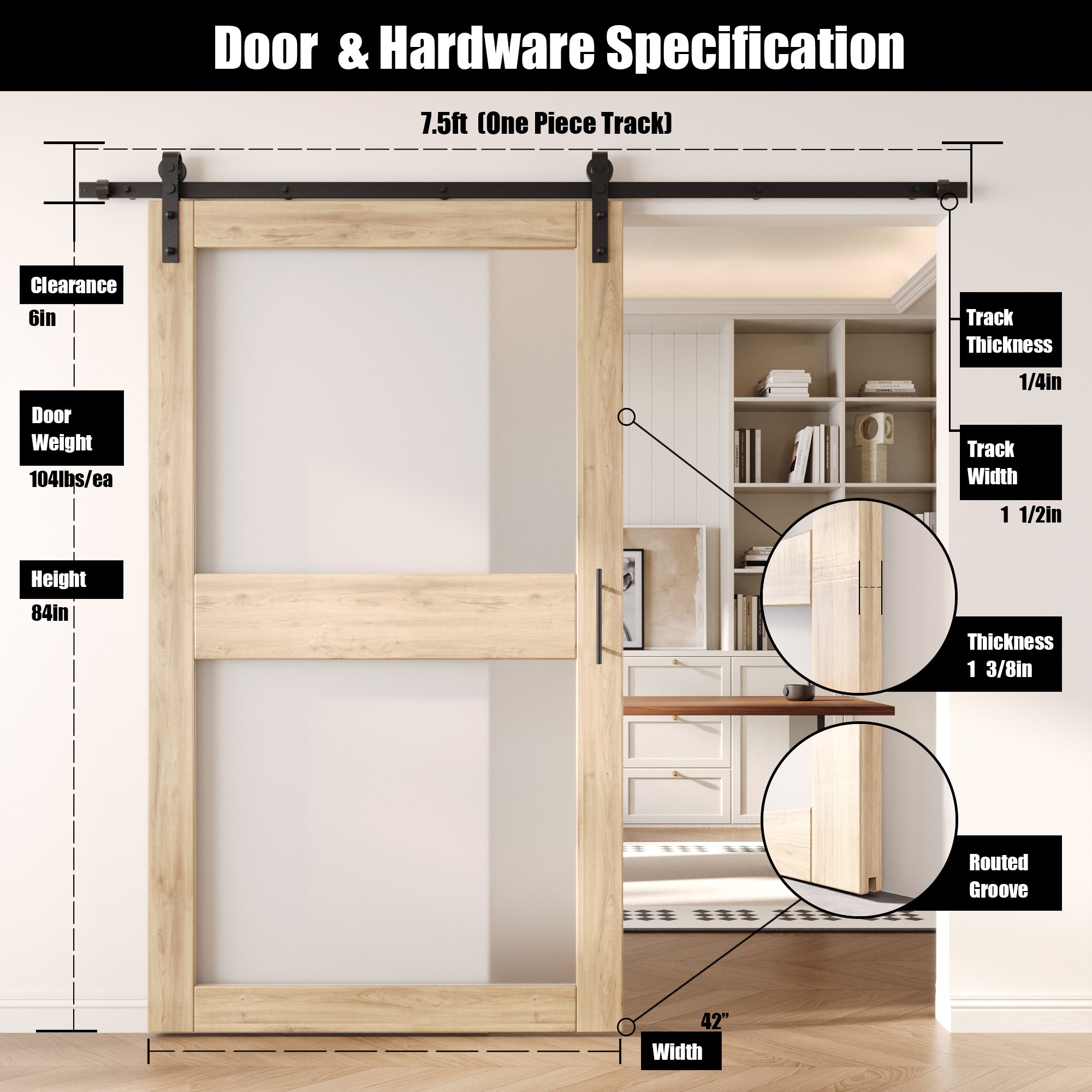 84" Height 2-Lite Frosted Glass Unassembled & Unfinished Pine Wood Barn Door with Non-Bypass Installation Hardware Kit (Interior Use Only)