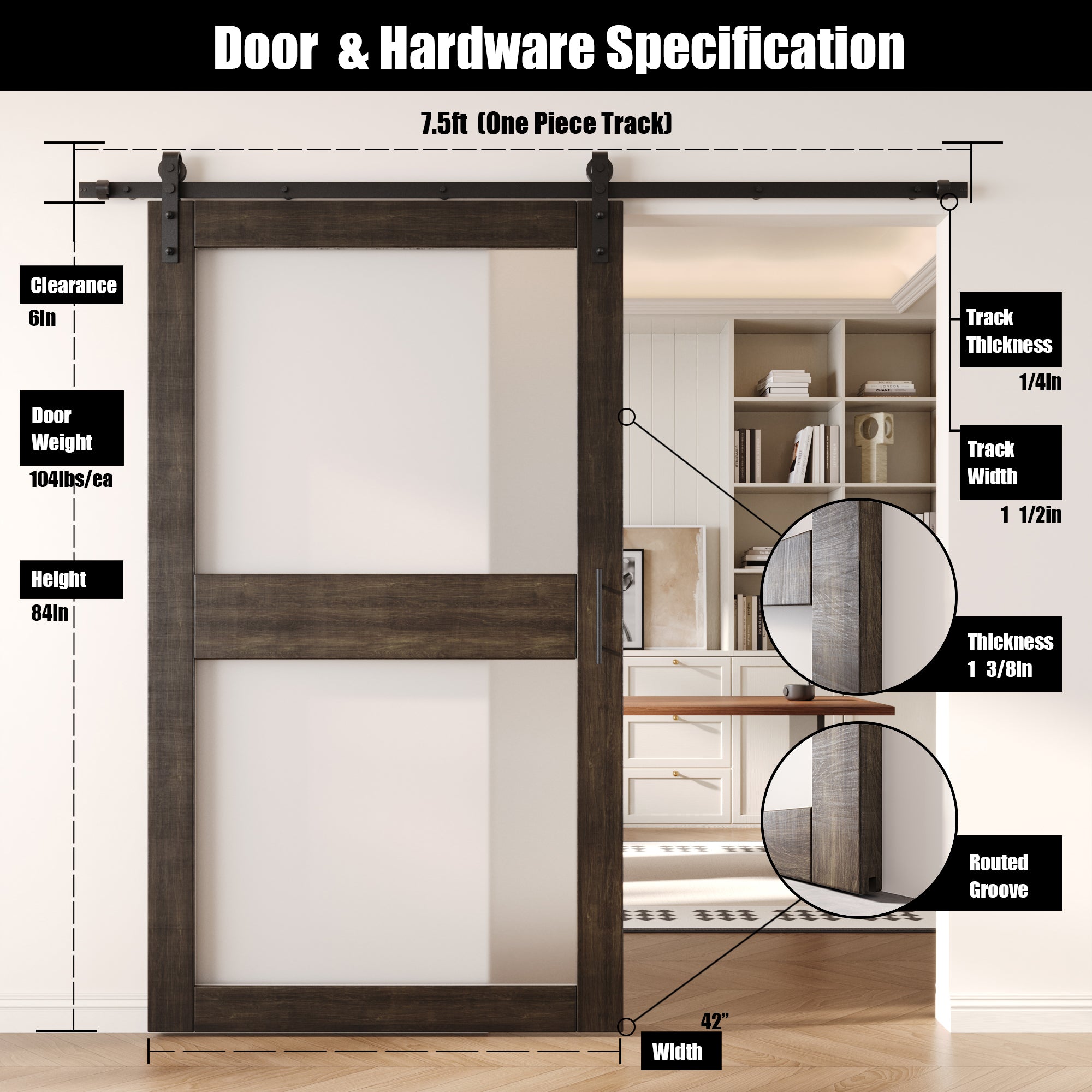 84" Height Ebony 2-Lite Frosted Glass Unassembled & Finished Pine Wood Barn Door with Non-Bypass Installation Hardware Kit (Interior Use Only)