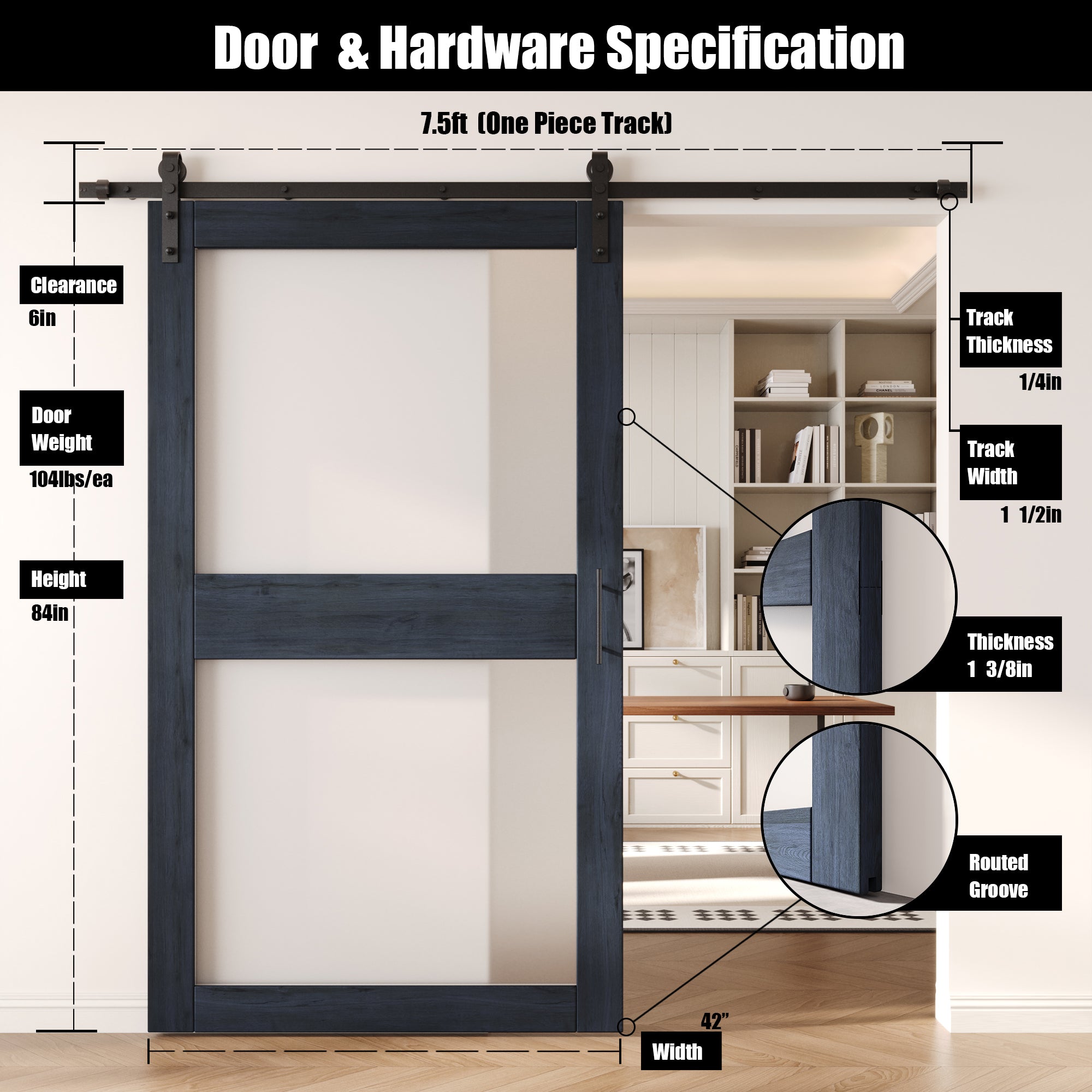 84" Height Navy 2-Lite Frosted Glass Unassembled & Finished Pine Wood Barn Door with Non-Bypass Installation Hardware Kit (Interior Use Only)