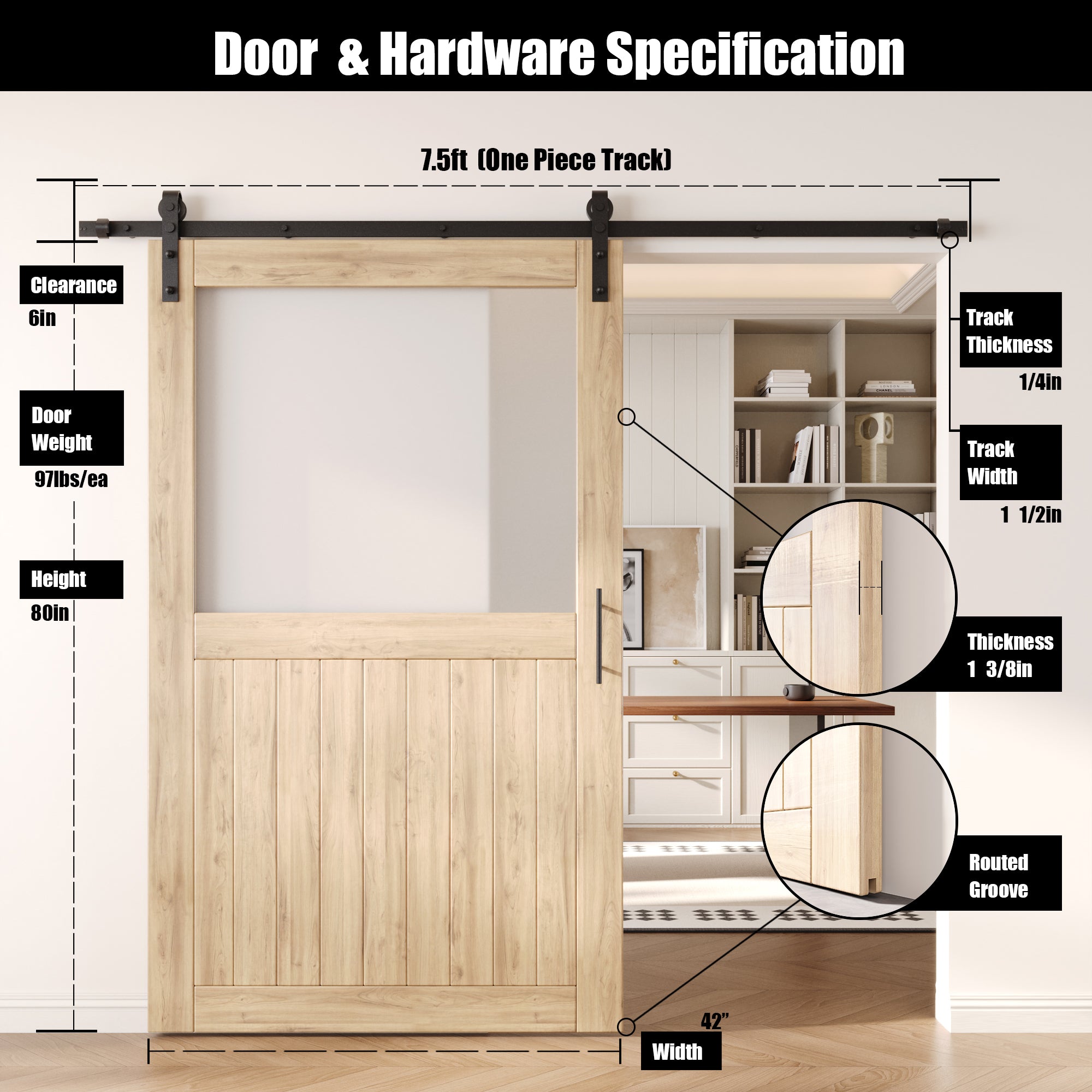 80" Height Half Lite Frosted Glass Unassembled & Unfinished Pine Wood Barn Door with Non-Bypass Installation Hardware Kit (Interior Use Only)