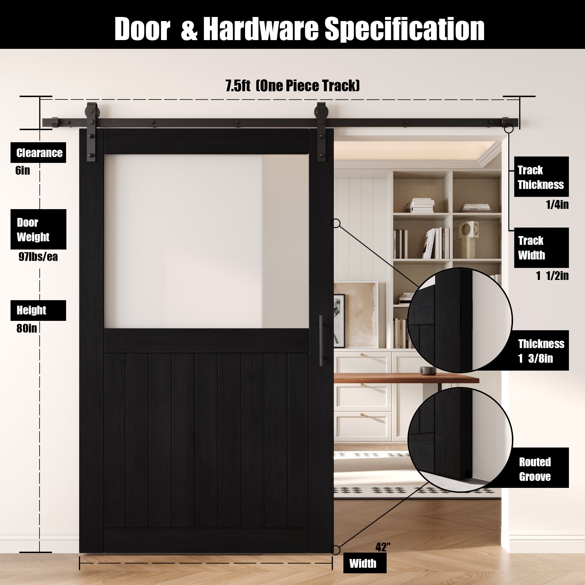 80" Height Black Half Lite Frosted Glass Unassembled & Finished Pine Wood Barn Door with Non-Bypass Installation Hardware Kit (Interior Use Only)
