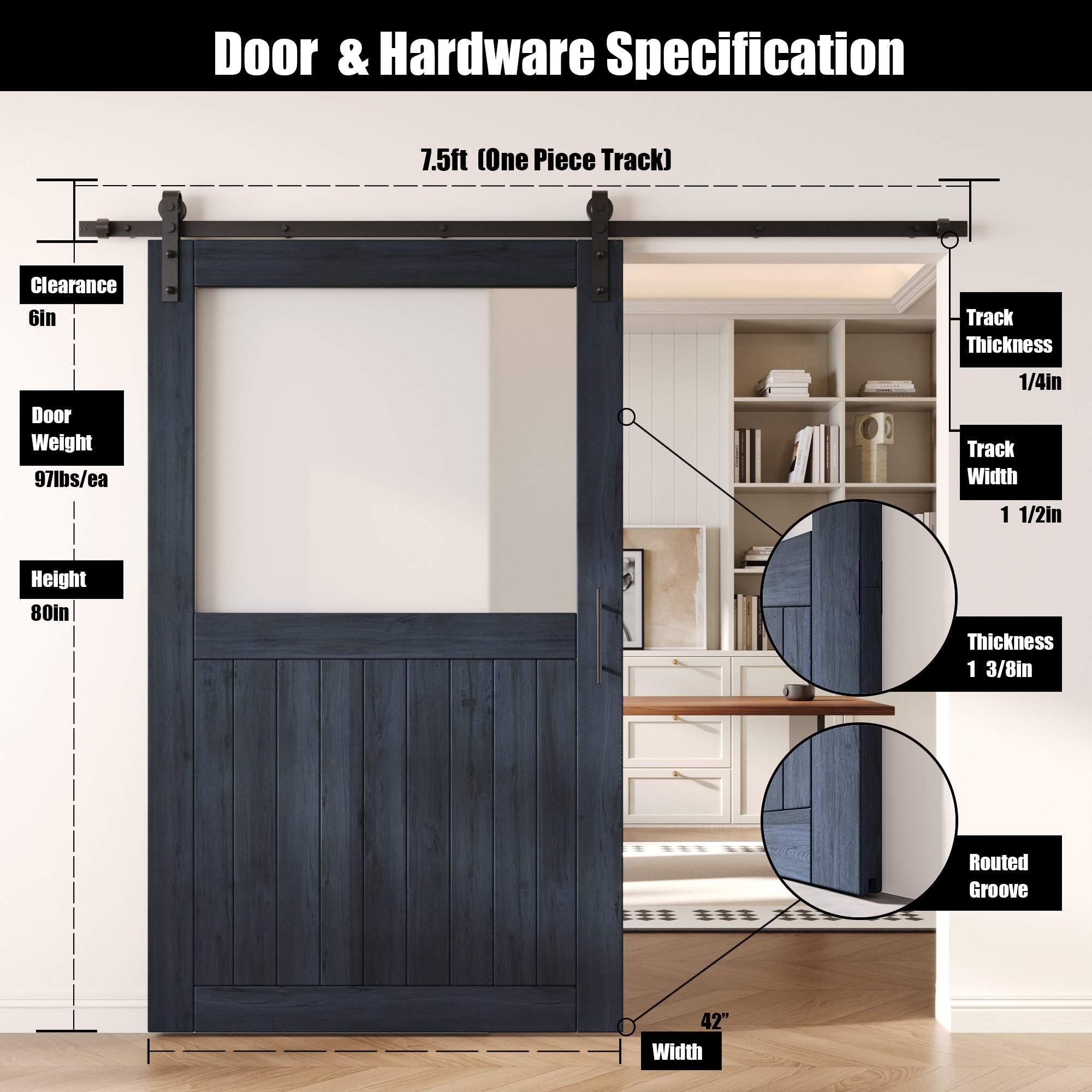 80" Height Navy Half Lite Frosted Glass Unassembled & Finished Pine Wood Barn Door with Non-Bypass Installation Hardware Kit (Interior Use Only)