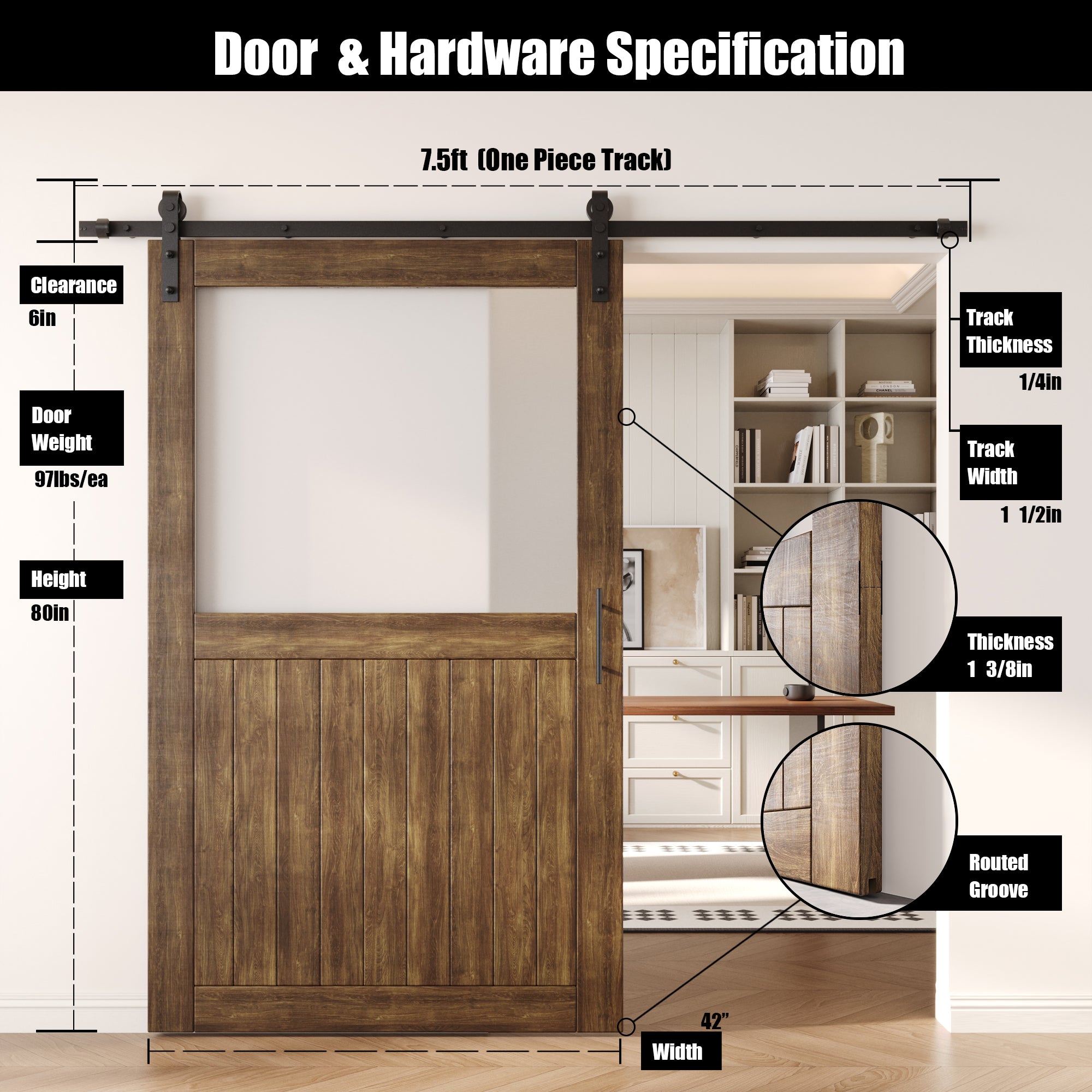 80" Height Dark Walnut Half Lite Frosted Glass Unassembled & Finished Pine Wood Barn Door with Non-Bypass Installation Hardware Kit (Interior Use Only)