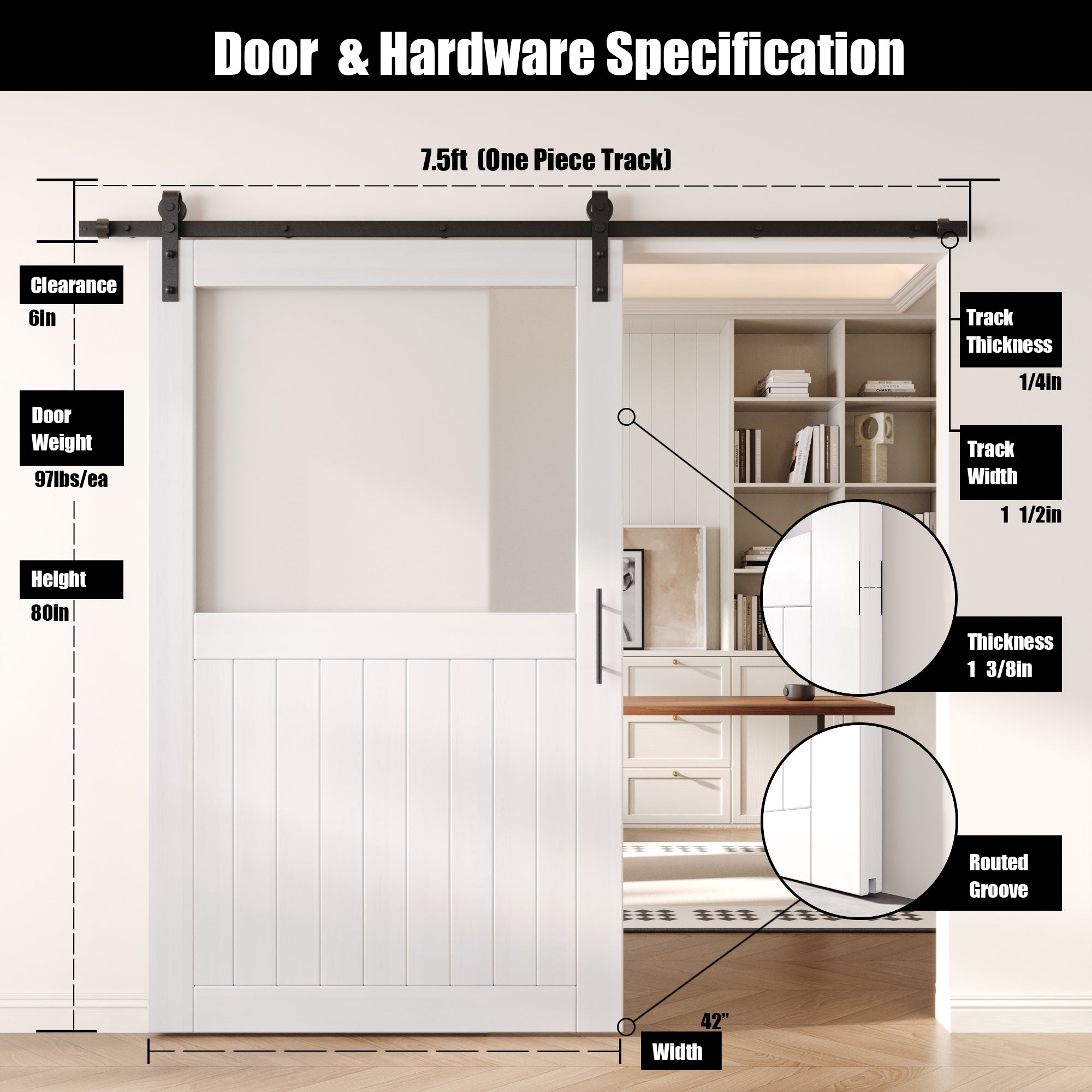 80" Height White Half Lite Frosted Glass Unassembled & Finished Pine Wood Barn Door with Non-Bypass Installation Hardware Kit (Interior Use Only)