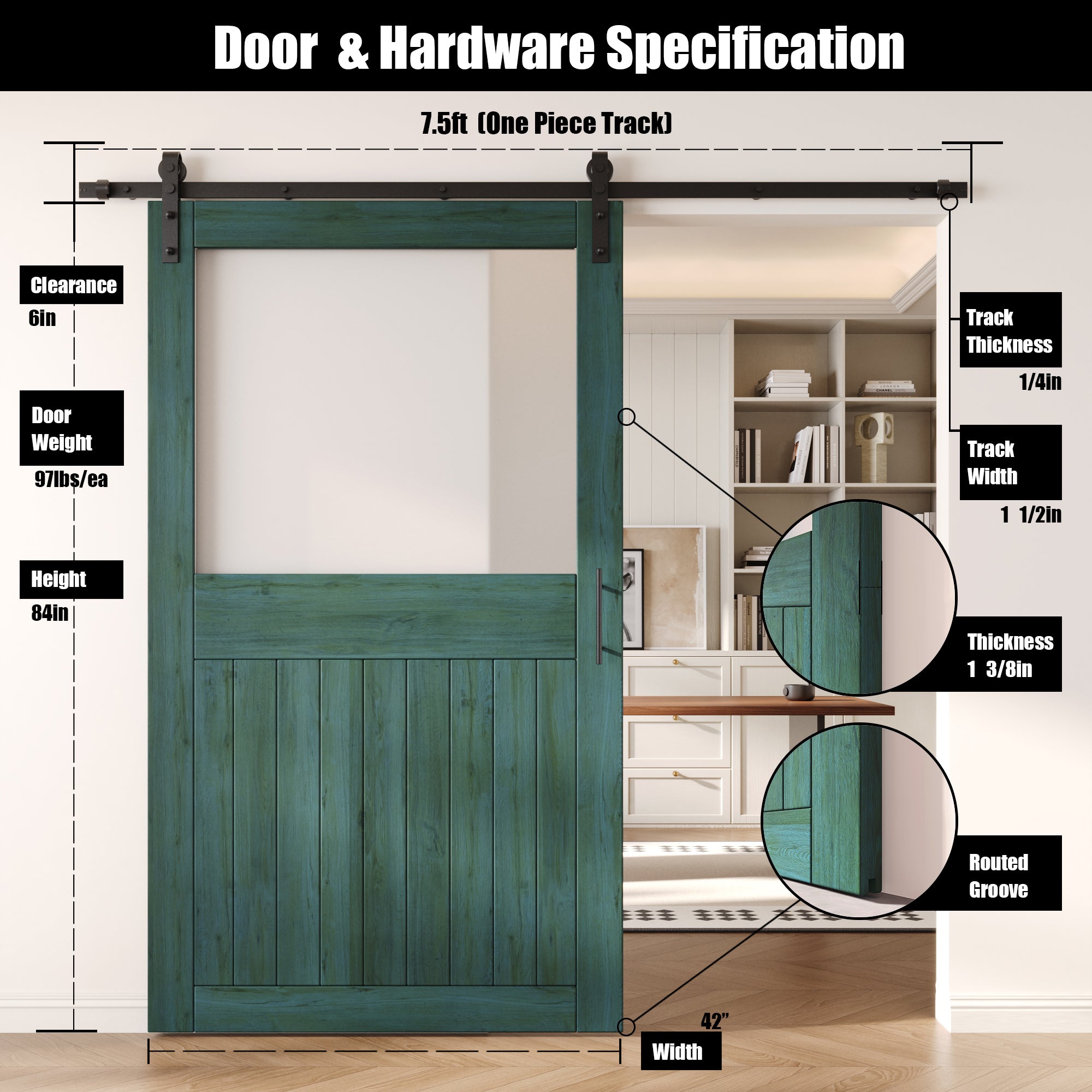 84" Height Royal Pine Half Lite Frosted Glass Unassembled & Finished Pine Wood Barn Door with Non-Bypass Installation Hardware Kit (Interior Use Only)