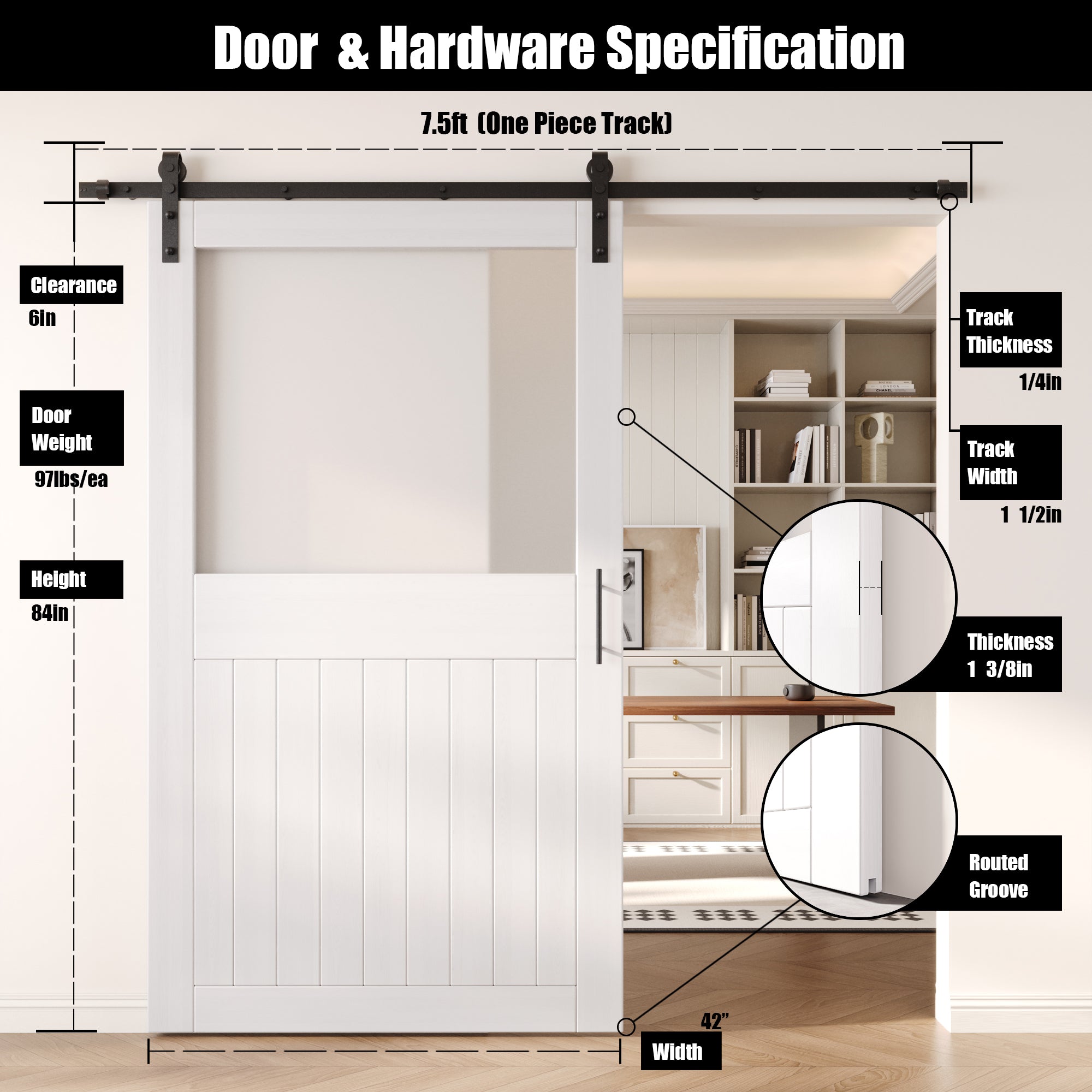 84" Height White Half Lite Frosted Glass Unassembled & Finished Pine Wood Barn Door with Non-Bypass Installation Hardware Kit (Interior Use Only)