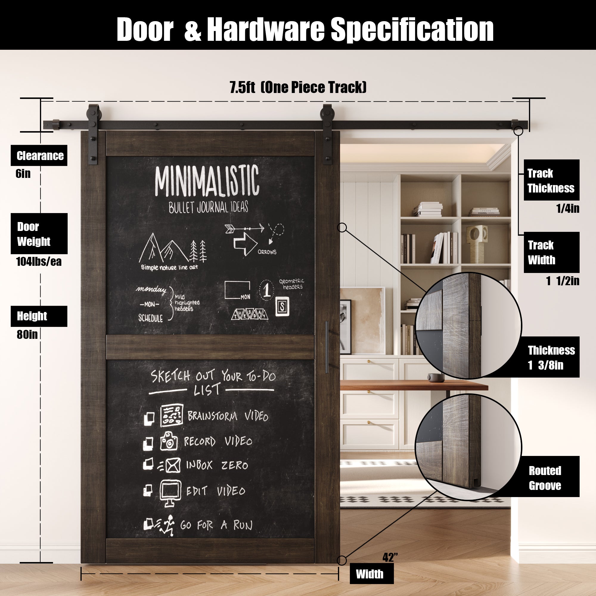 80" Height Ebony Chalkboard Design Unassembled & Finished Pine Wood Barn Door with Non-Bypass Installation Hardware Kit (Interior Use Only)